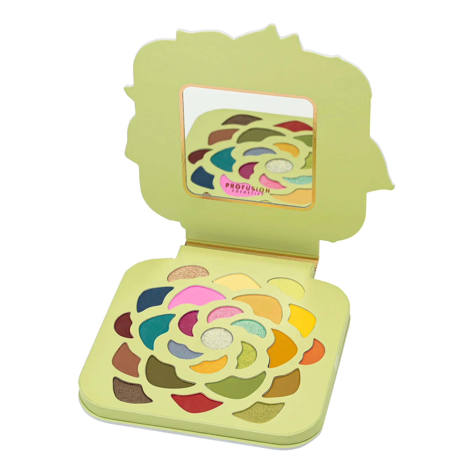 Profusion Cosmetics Desert Sage 25-Shade Makeup Palette with makeup brushes, vibrant eyeshadow colors in a sleek palette.
