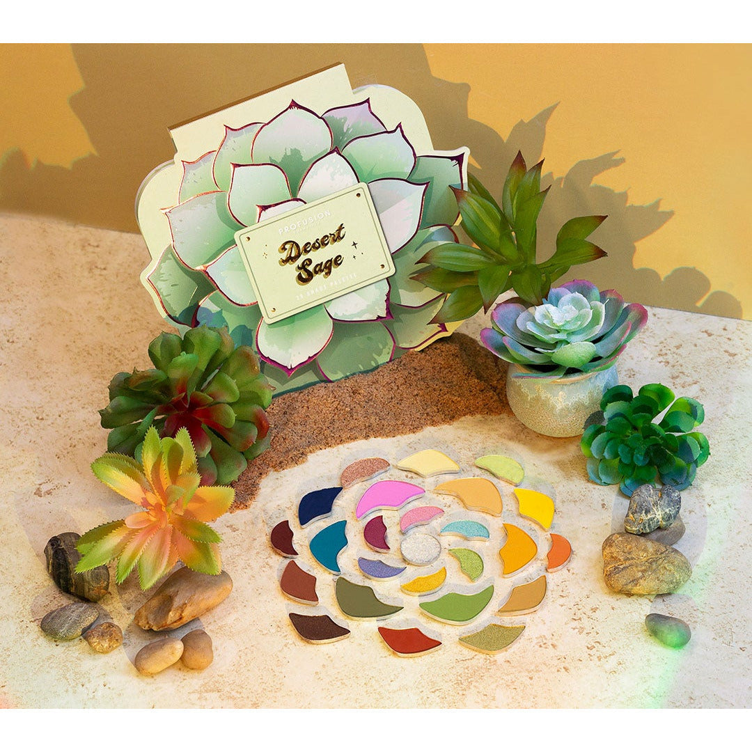 Profusion Cosmetics Desert Sage 25-Shade Makeup Palette with brushes, featuring earthy-toned eyeshadows and applicator tools.