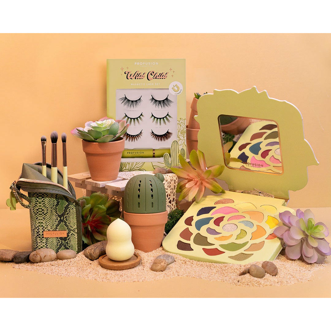 Profusion Cosmetics Desert Sage 25-Shade Palette with makeup brushes, showcasing colorful eyeshadow shades and blending tools.