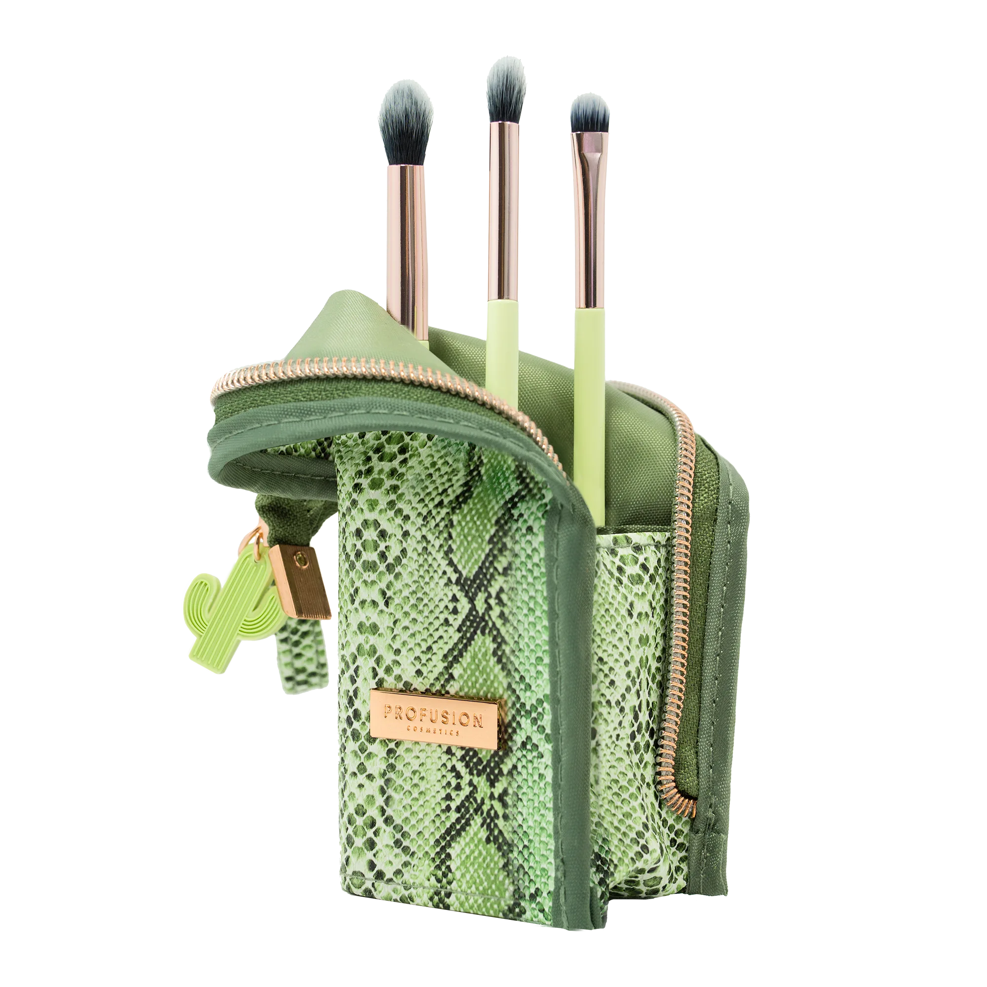 Profusion Cosmetics Desert Sage makeup brush set with 4 brushes in a blend stand and bag, ideal for flawless makeup application.