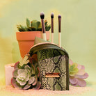 Profusion Cosmetics Desert Sage makeup brush set with 4 brushes, bag, and stand, featuring natural-toned bristles and sleek design.