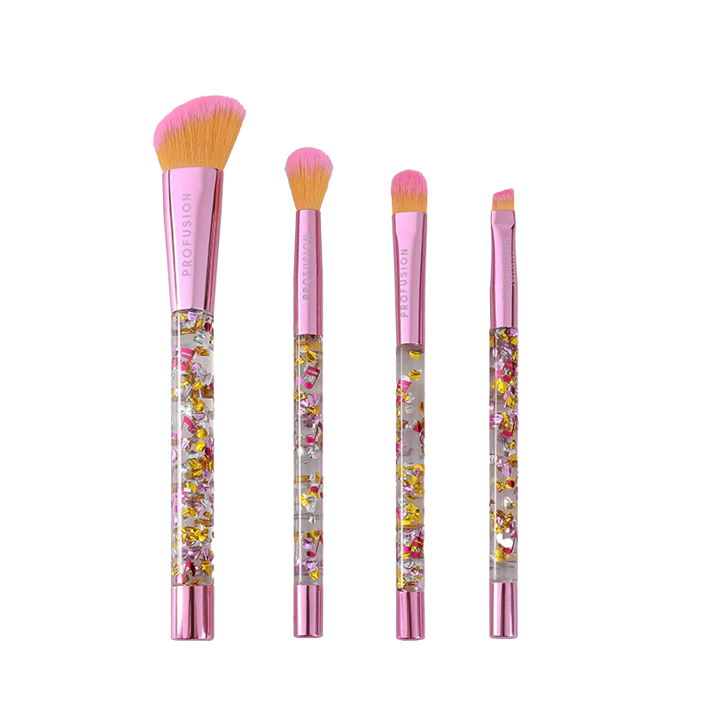 Profusion Cosmetics It's a Vibe Feel the Beat 4-piece face and eye makeup brush set with various brush types and colorful handles.