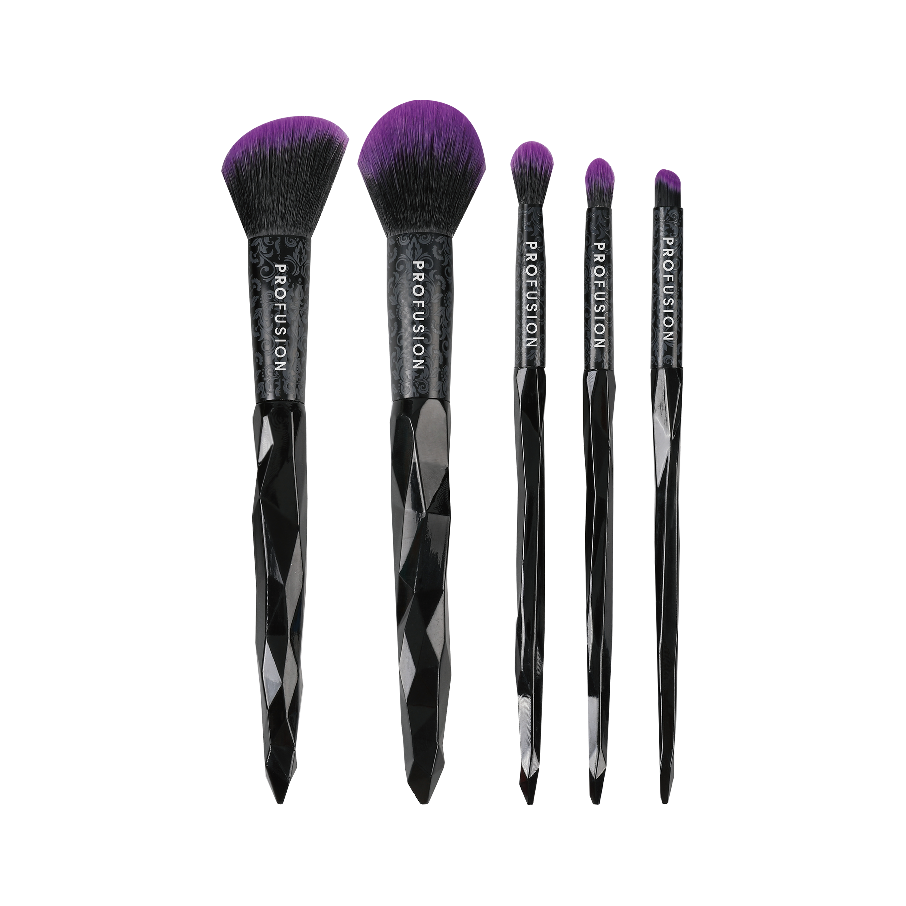 Profusion Cosmetics Mystic Blend 5-piece face and eye makeup brush set with soft bristles and sleek handles.