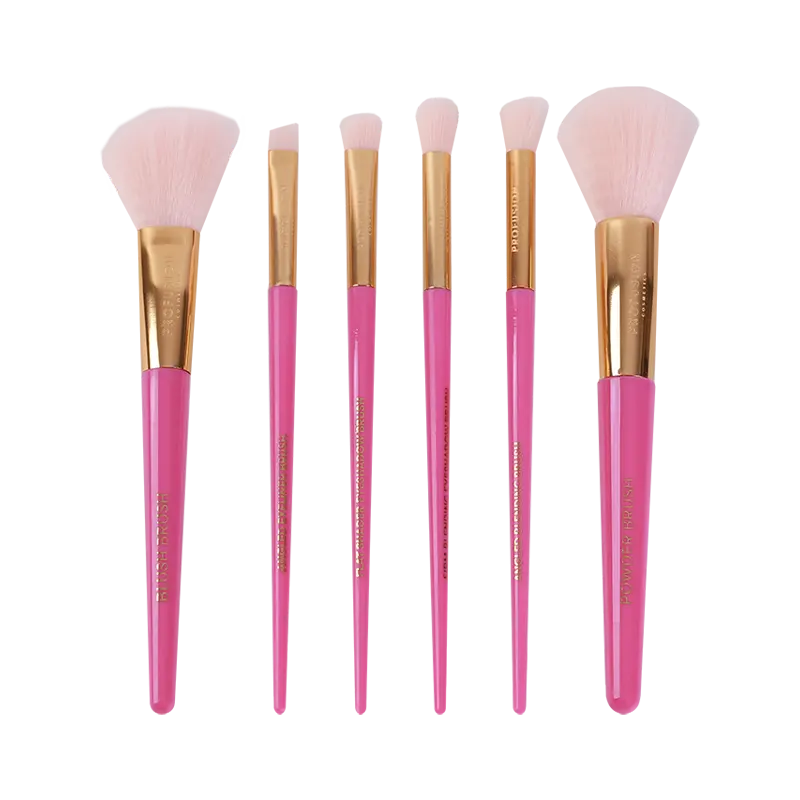 Set of six Profusion Cosmetics makeup brushes for face and eyes, including face and eye brush vault in holiday-themed packaging.