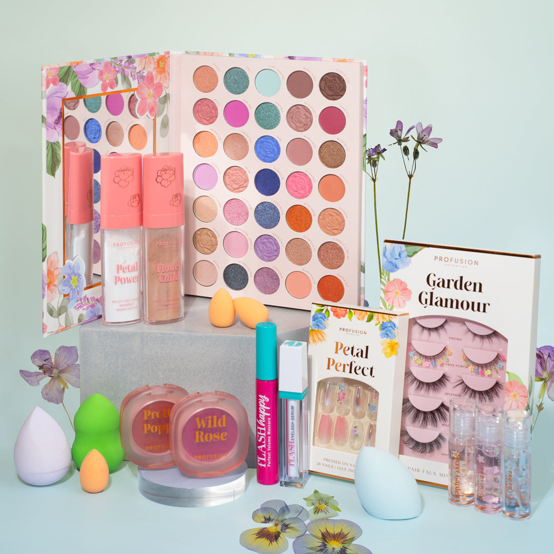 Petal Perfect press-on nail set by Profusion Cosmetics, 28-piece manicure with floral pink and nude nail designs.
