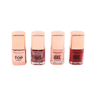 Profusion Cosmetics Crimson Gel Nails 4-piece nail polish set with top coat, showcasing vibrant red gel nail polishes and application tools.