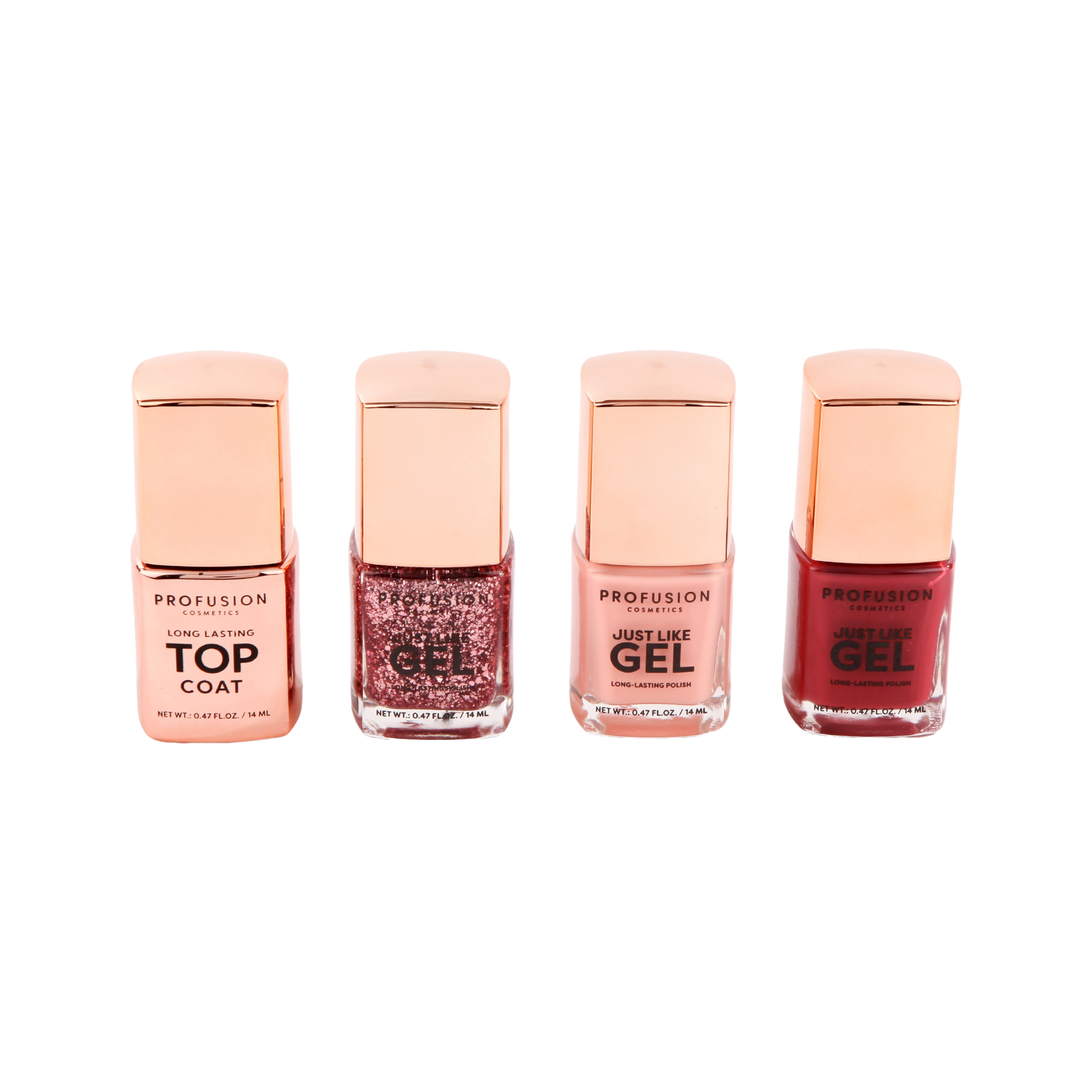 Profusion Cosmetics Crimson Gel Nails 4-piece nail polish set with top coat, showcasing vibrant red gel nail polishes and application tools.