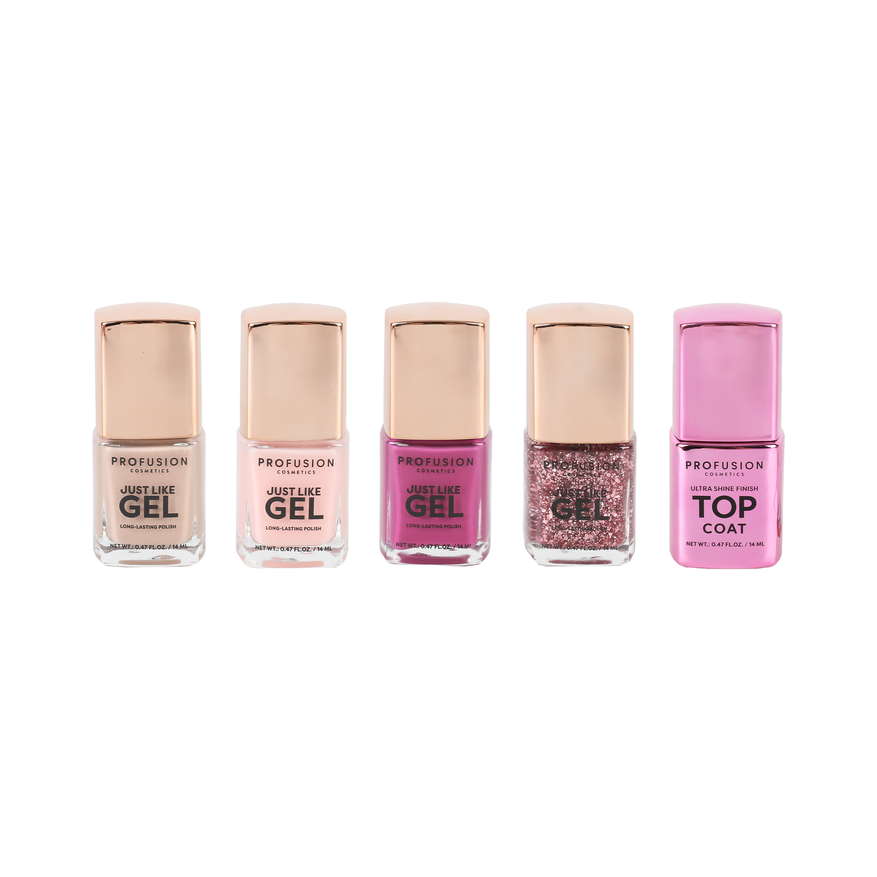 Set of Profusion Cosmetics Shining Star Gel Effect Nail Polishes with shimmering, star-inspired colors and glossy finish.