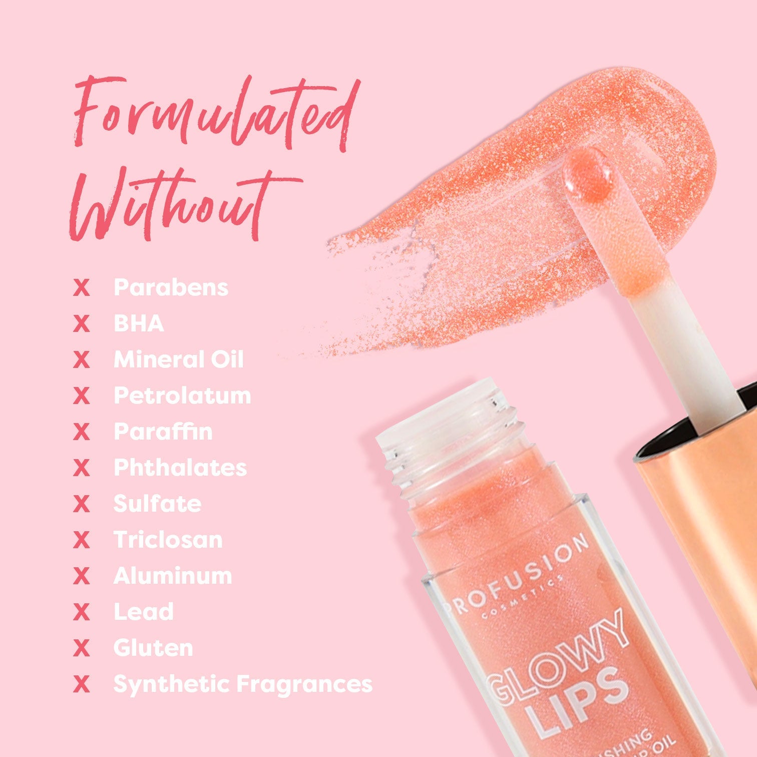 Profusion Cosmetics Glowy Lips Nourishing Shimmer Lip Oil with shimmer finish and hydrating formula, shown in a clear applicator tube.