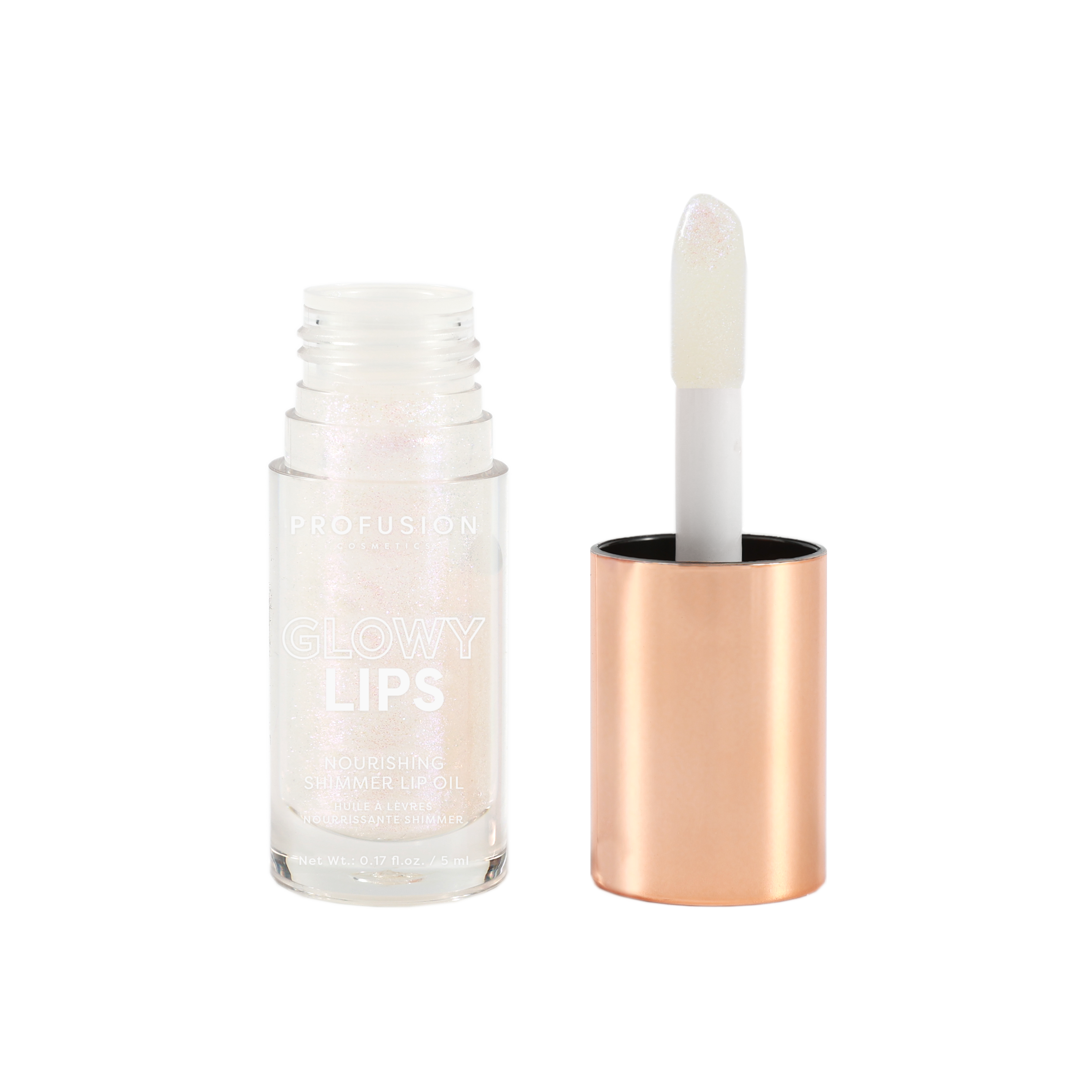 Profusion Cosmetics Glowy Lips Nourishing Shimmer Lip Oil with a clear, glossy finish and subtle shimmer, close-up shot of the lip product.