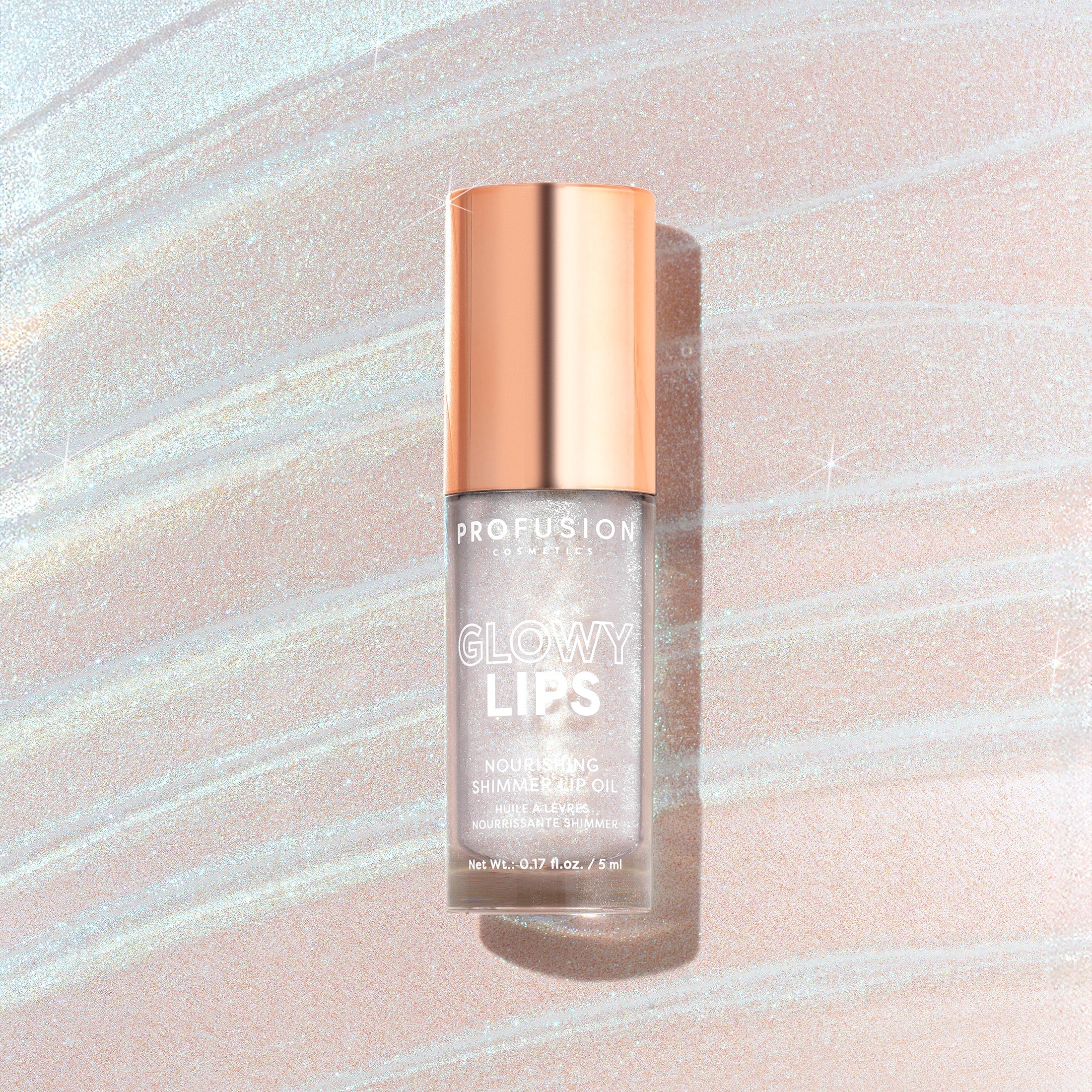 Profusion Cosmetics Glowy Lips Nourishing Shimmer Lip Oil with a clear glossy finish and shimmering effects on lips