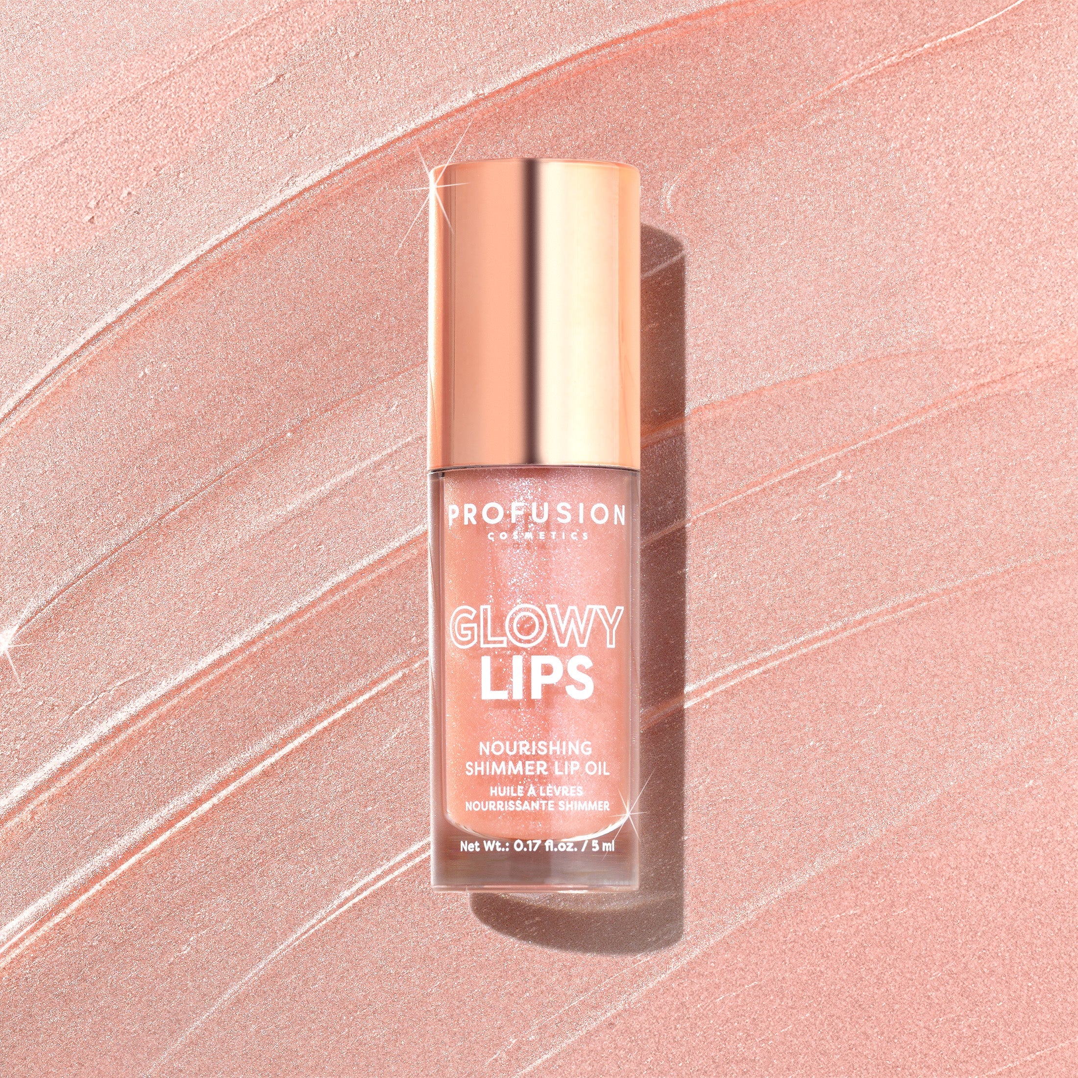 Profusion Cosmetics Glowy Lips Nourishing Shimmer Lip Oil with sparkling finish and hydrating formula, displayed on a neutral background.