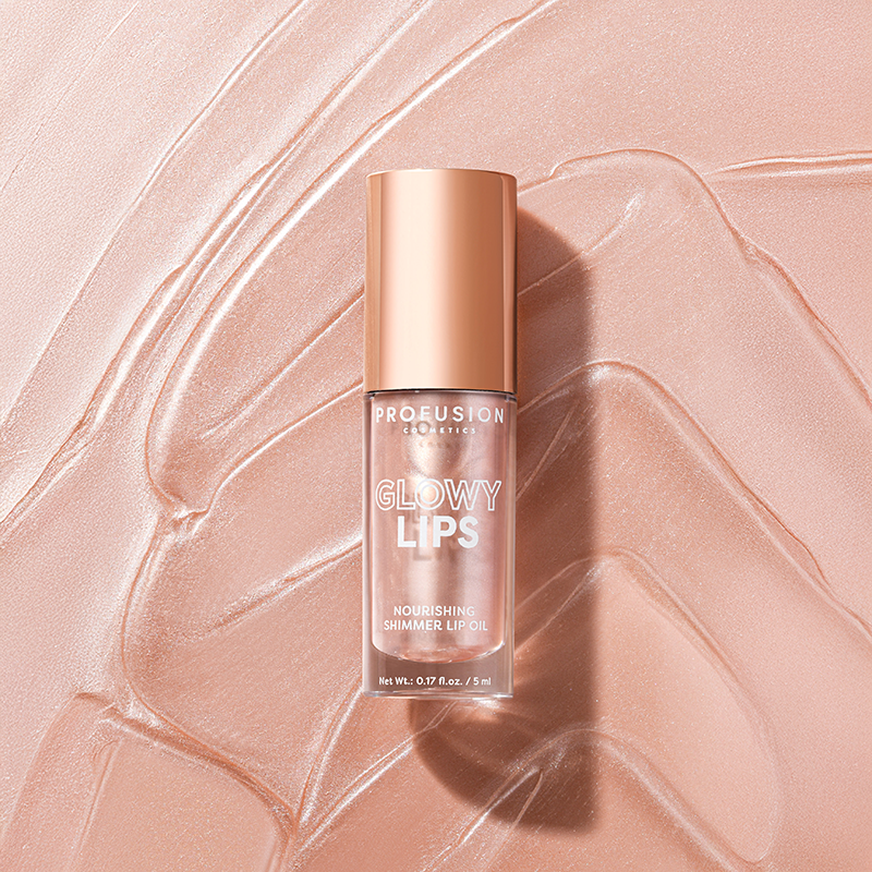 Profusion Cosmetics Glowy Lips Nourishing Shimmer Lip Oil showing a clear tube with shimmering lip oil and a shiny applicator wand.