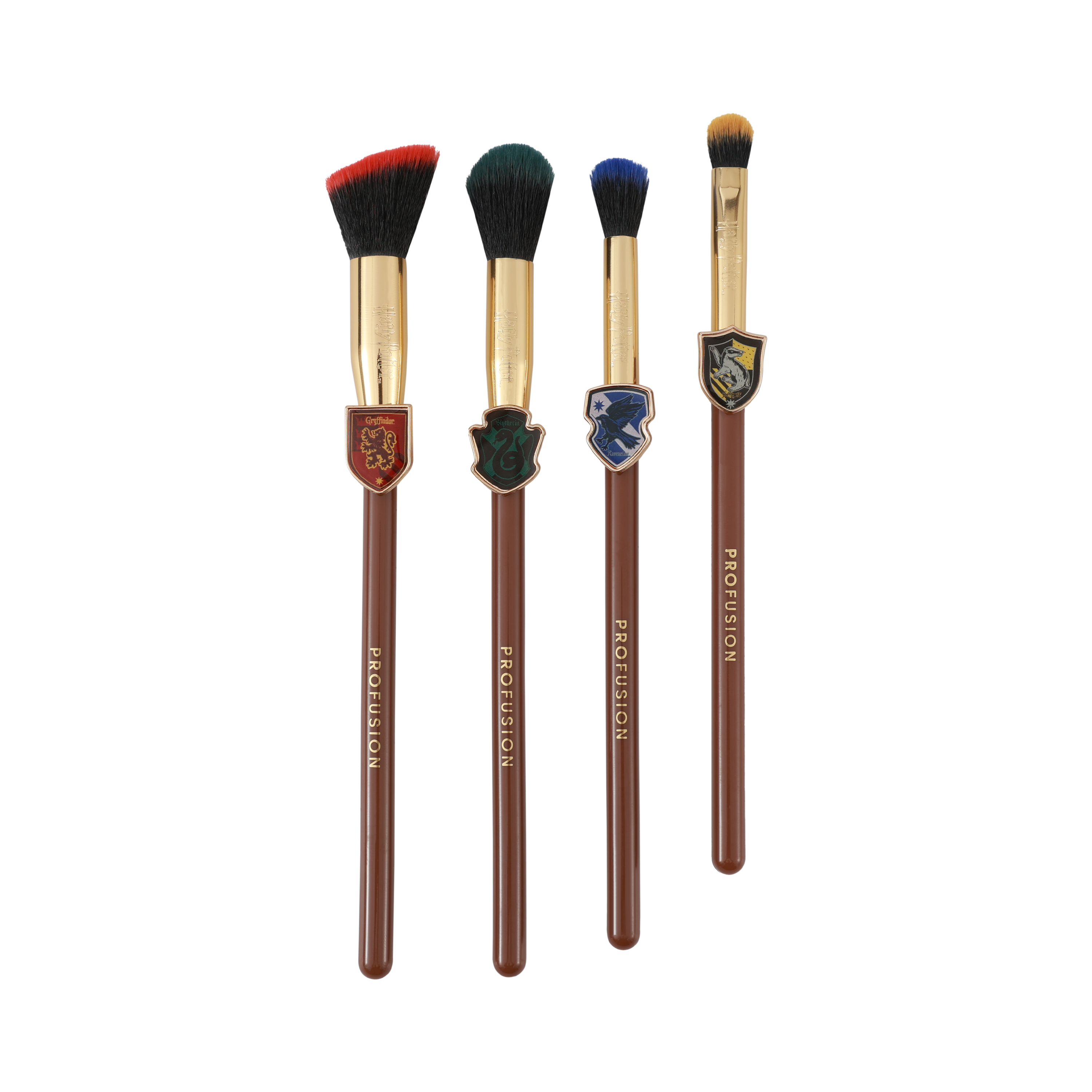 Harry Potter Holiday House Champions face and brush set by Profusion Cosmetics, featuring themed tools and colorful packaging.