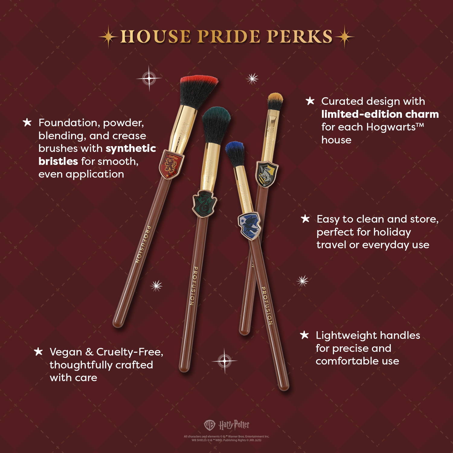 Harry Potter House Champions face and brush set by Profusion Cosmetics featuring themed makeup tools and brushes.