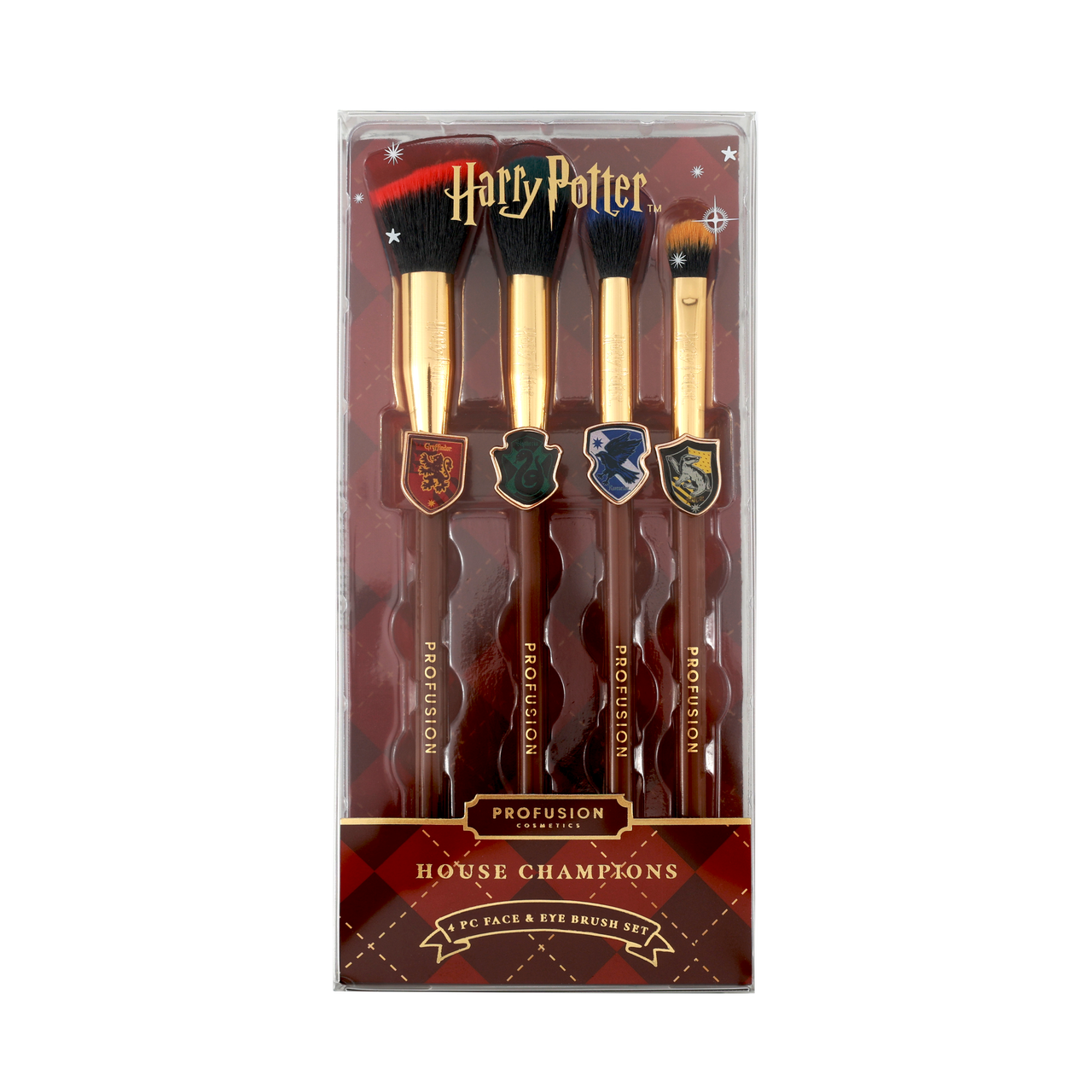 Harry Potter Holiday House Champions face and brush set by Profusion Cosmetics, featuring themed makeup tools with house colors and designs.