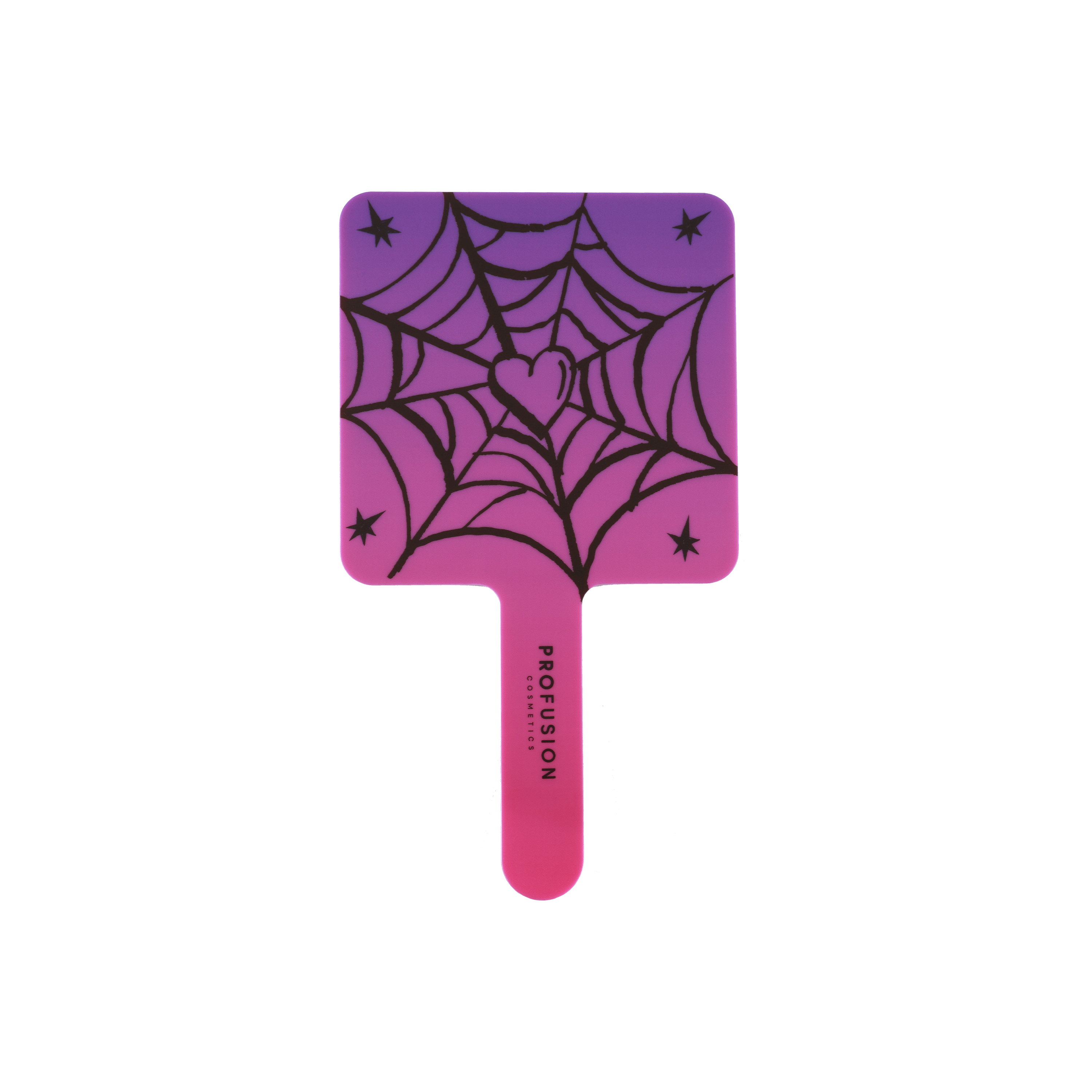 Profusion Cosmetics Monster Bash Widow's Gaze handheld mirror with black and purple design and decorative details.