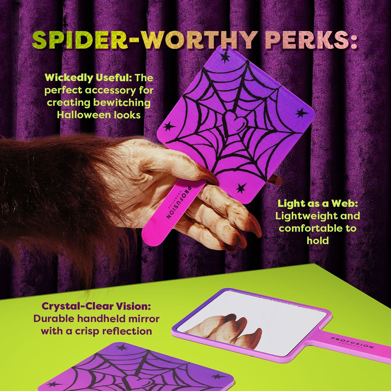 Profusion Cosmetics Monster Bash Widow's Gaze handheld mirror with a decorative black and purple design for beauty tools.