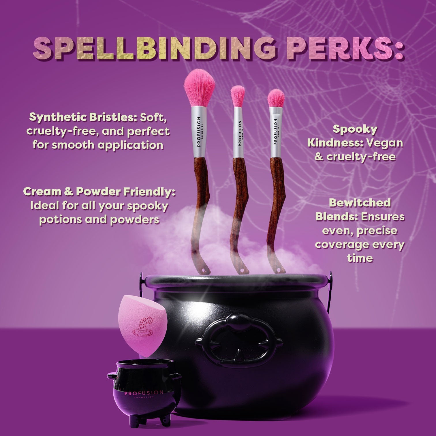 Profusion Cosmetics Monster Bash Witch's Broom Closet Face and Eye Brush Set with various makeup brushes on a display.