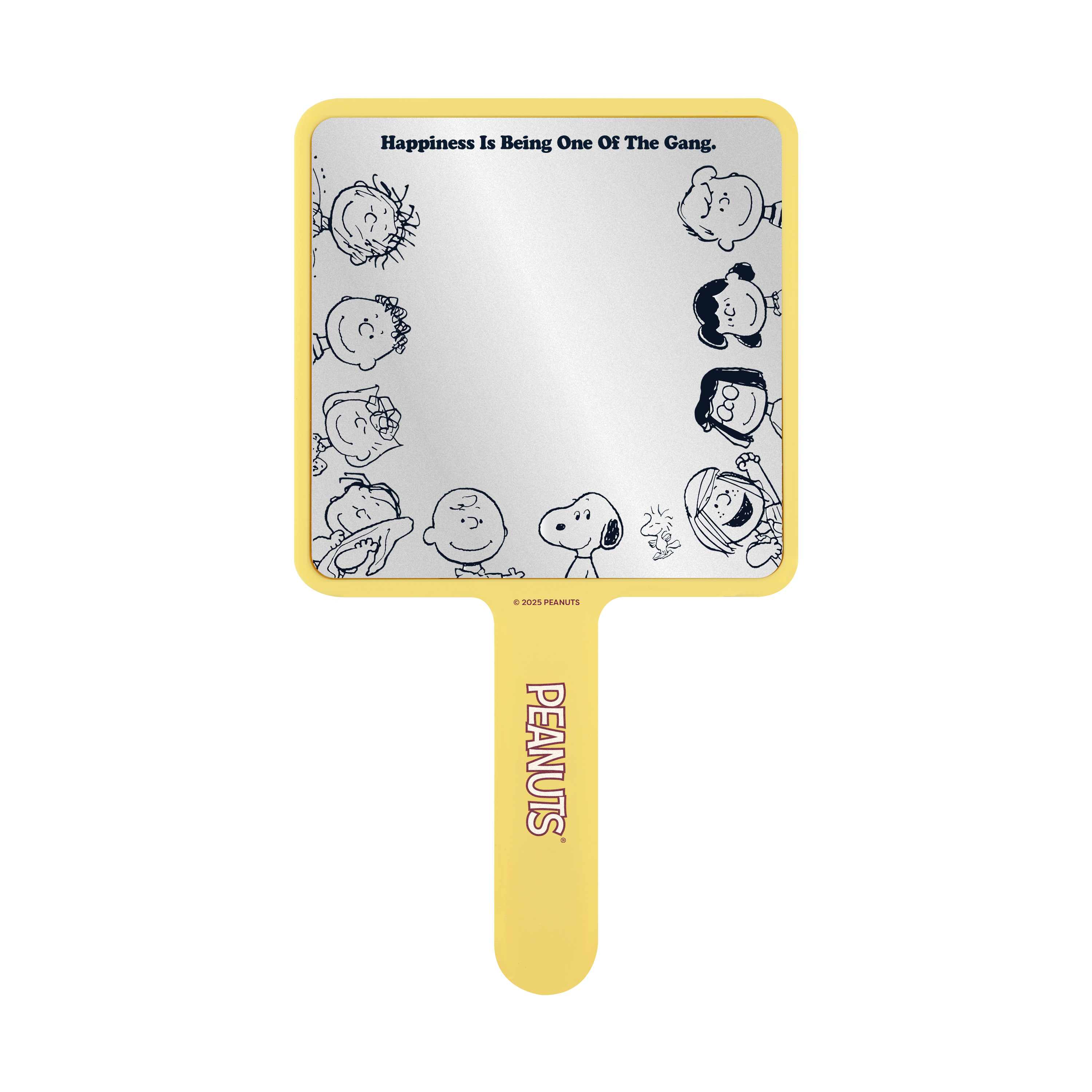 Profusion Cosmetics Peanuts 75th Social Club handheld mirror, compact tool with colorful Peanuts design and reflective surface.