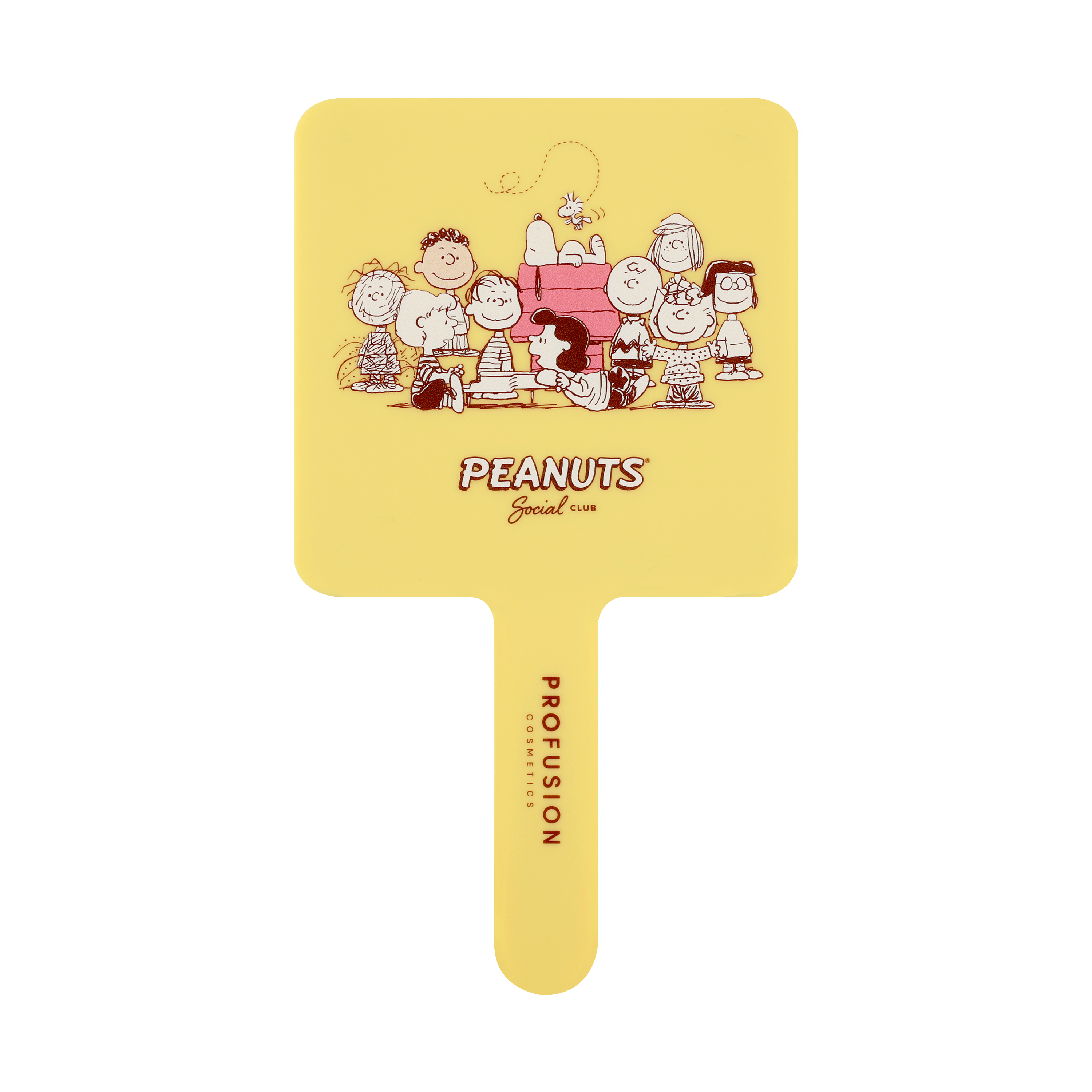 Profusion Cosmetics Peanuts 75th Social Club handheld mirror with colorful comic strip design, compact tools for personal grooming.
