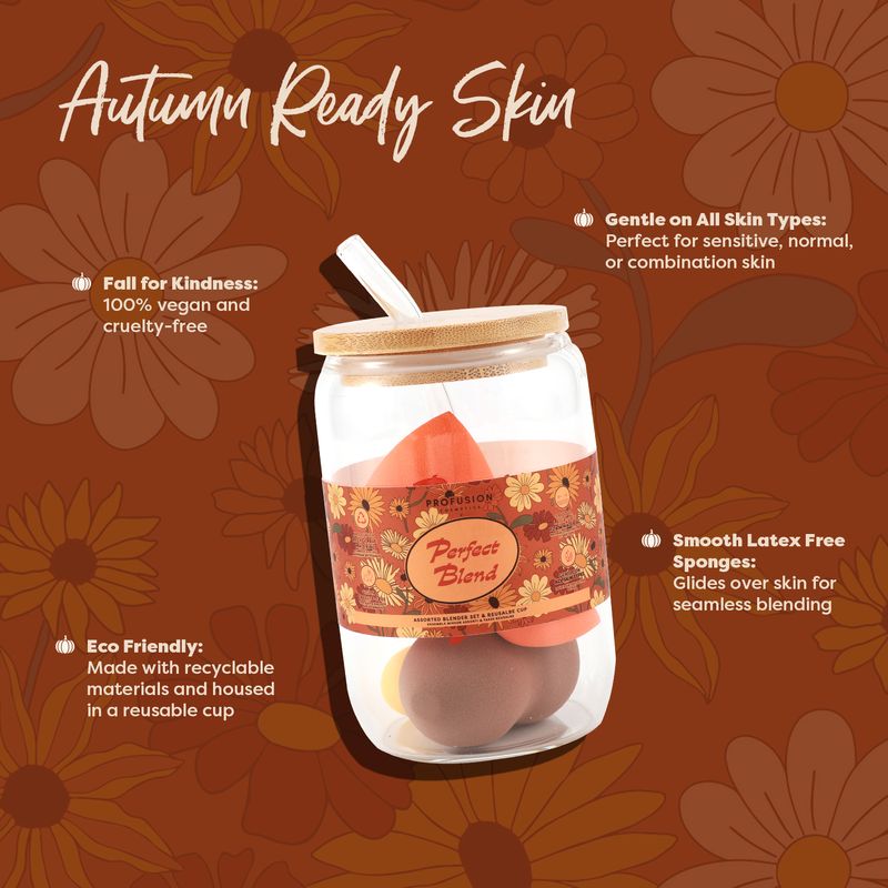 Profusion Cosmetics Pumpkin Spice Perfect Blend Sponge Set with reusable cup, makeup tools for blending and application.