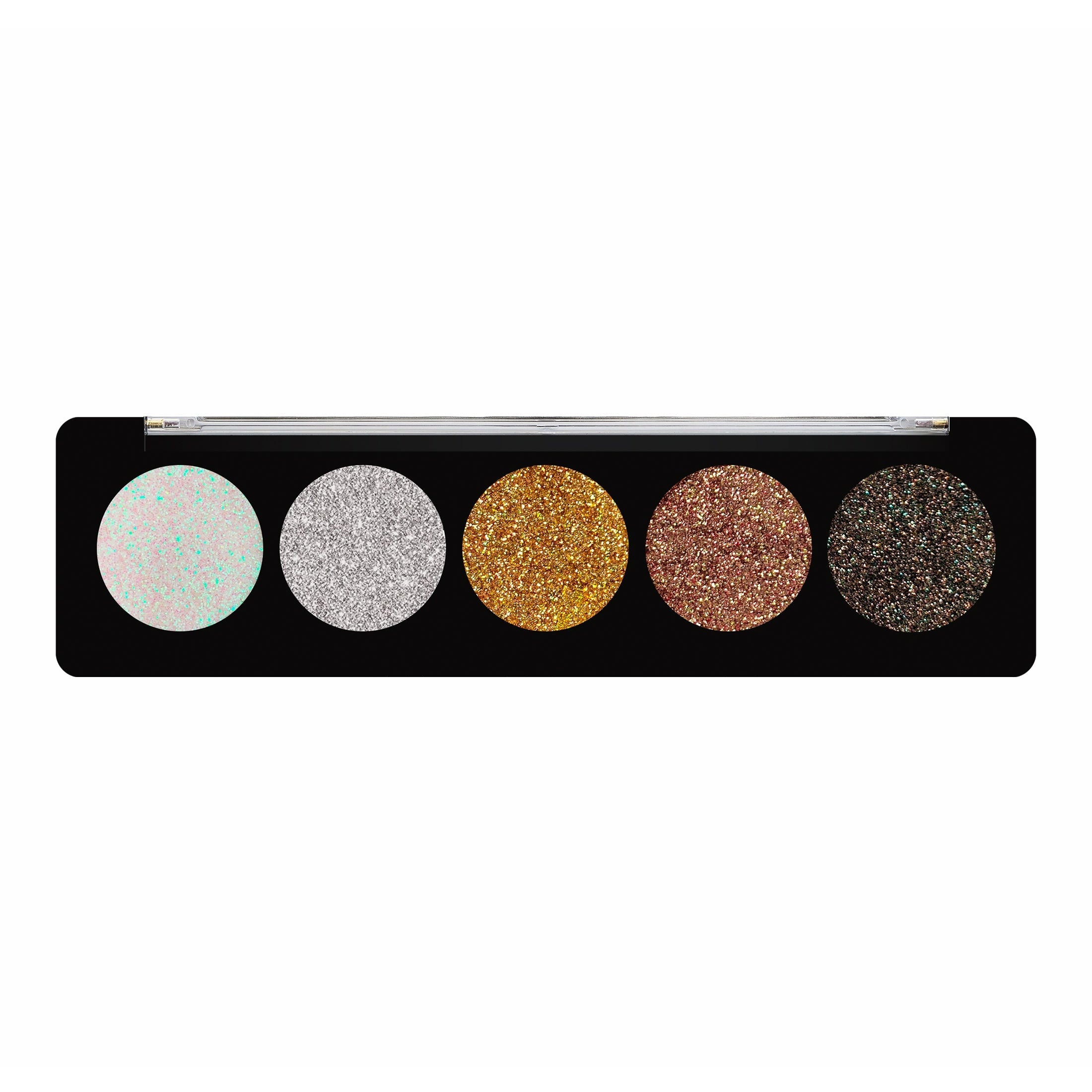 Profusion Cosmetics GEMS Glitter Palette with vibrant, shimmering glitter shades in a sleek palette for creative makeup looks.