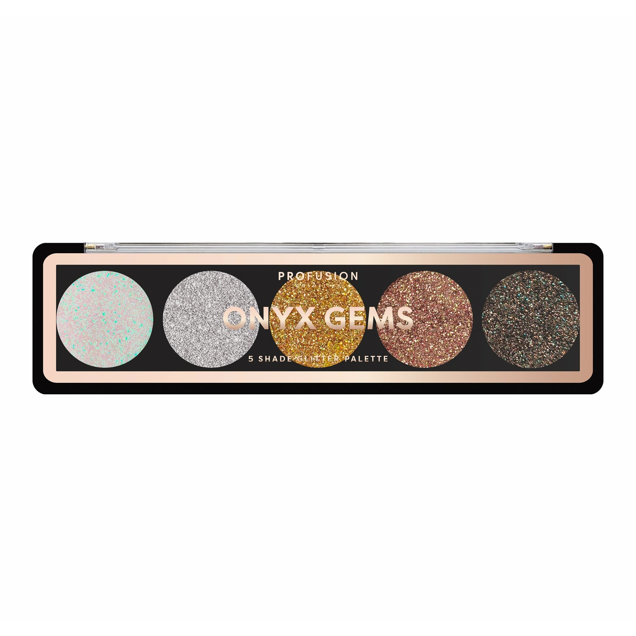Profusion Cosmetics GEMS Glitter Palette featuring vibrant, shimmery gemstone-inspired eyeshadows in a colorful palette.