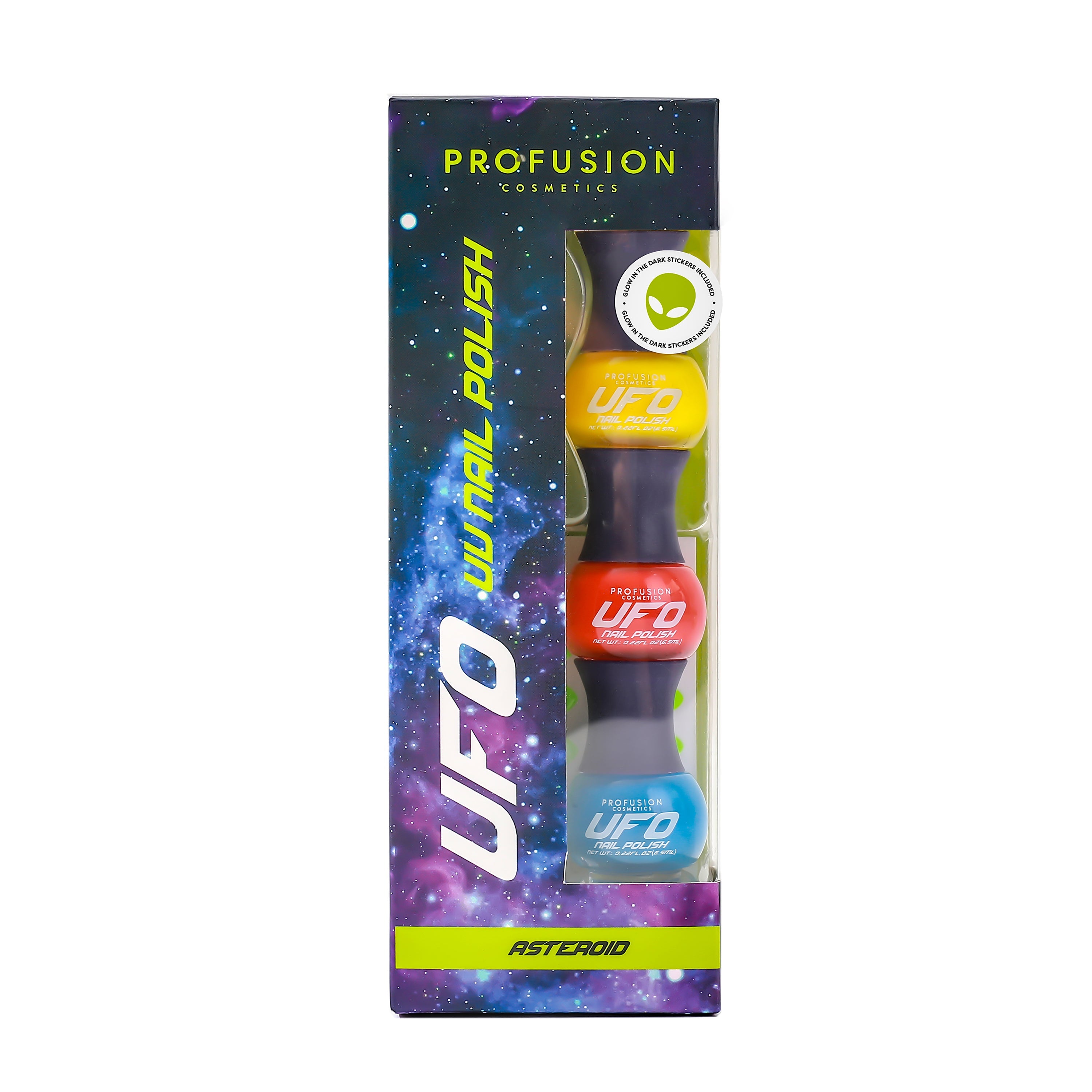 Profusion Cosmetics UFO UV glow-in-the-dark nail polish trio with vibrant, glowing nail colors in a value kit.