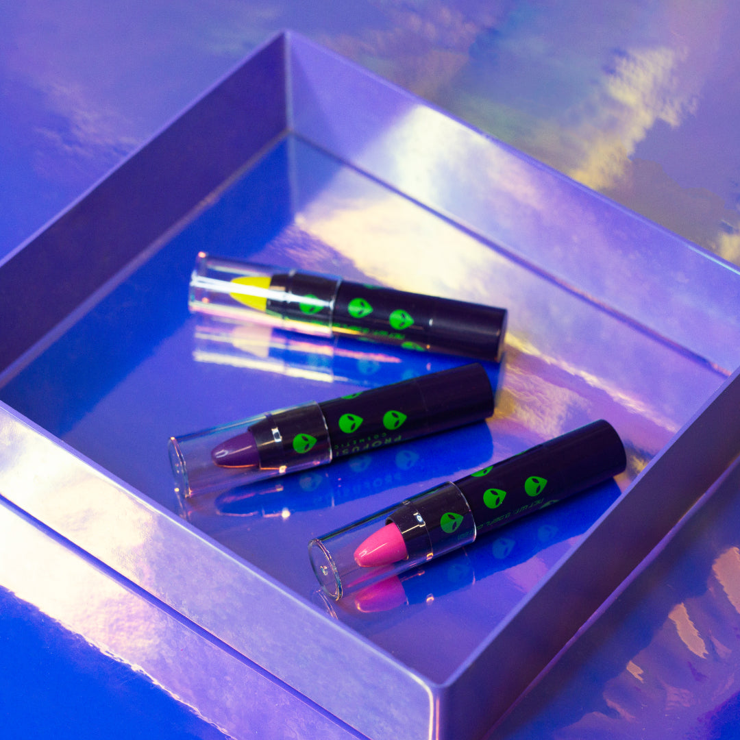Profusion Cosmetics UFO UV Paint Liners Trio in vibrant neon colors for creative eye makeup looks.