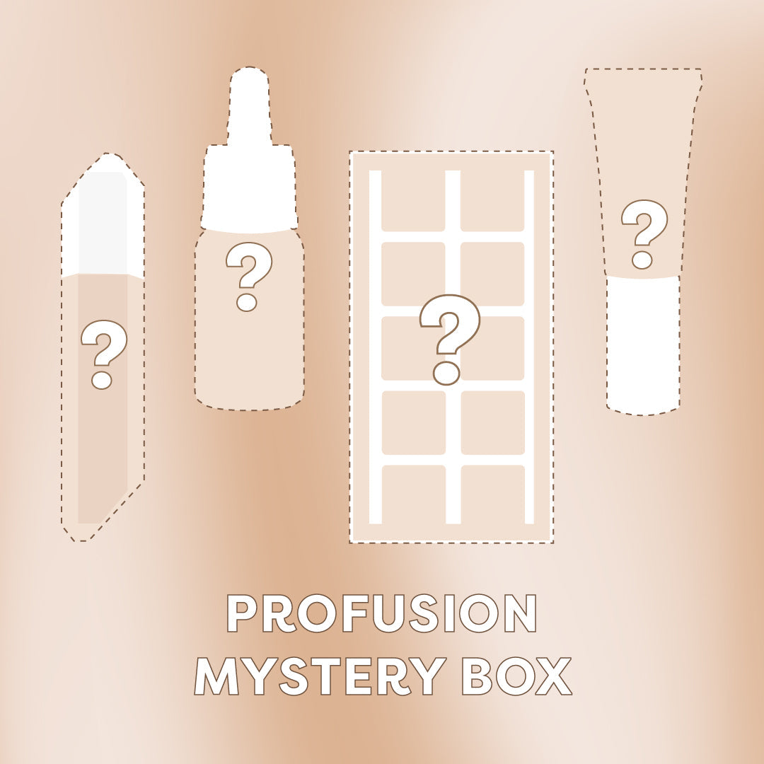 Profusion Cosmetics value kit mystery box with assorted beauty products and makeup surprises in a small, colorful package.