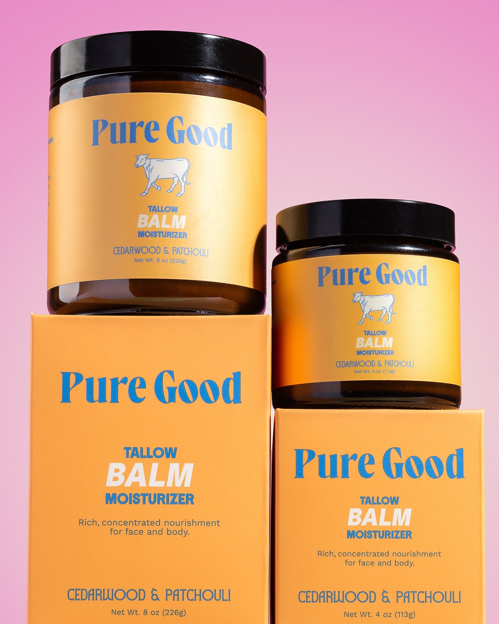 Whipped Cedarwood and Patchouli Tallow Balm by Pure Good LLC in a 4 oz jar, showcasing a natural, firming, and balancing skincare product.