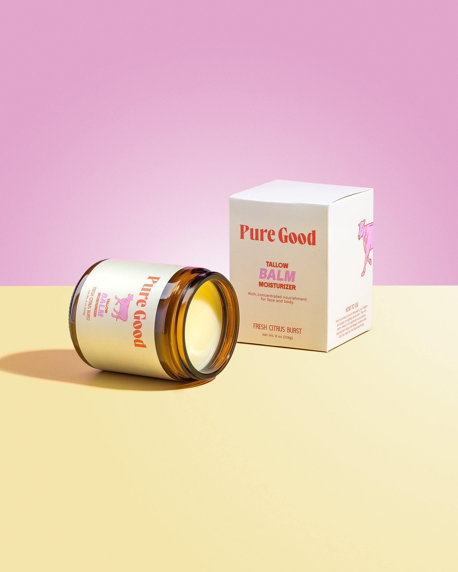 Whipped Citrus Burst Tallow Balm by Pure Good LLC, showing the creamy balm with fresh citrus slices for hydration and Vitamin C.
