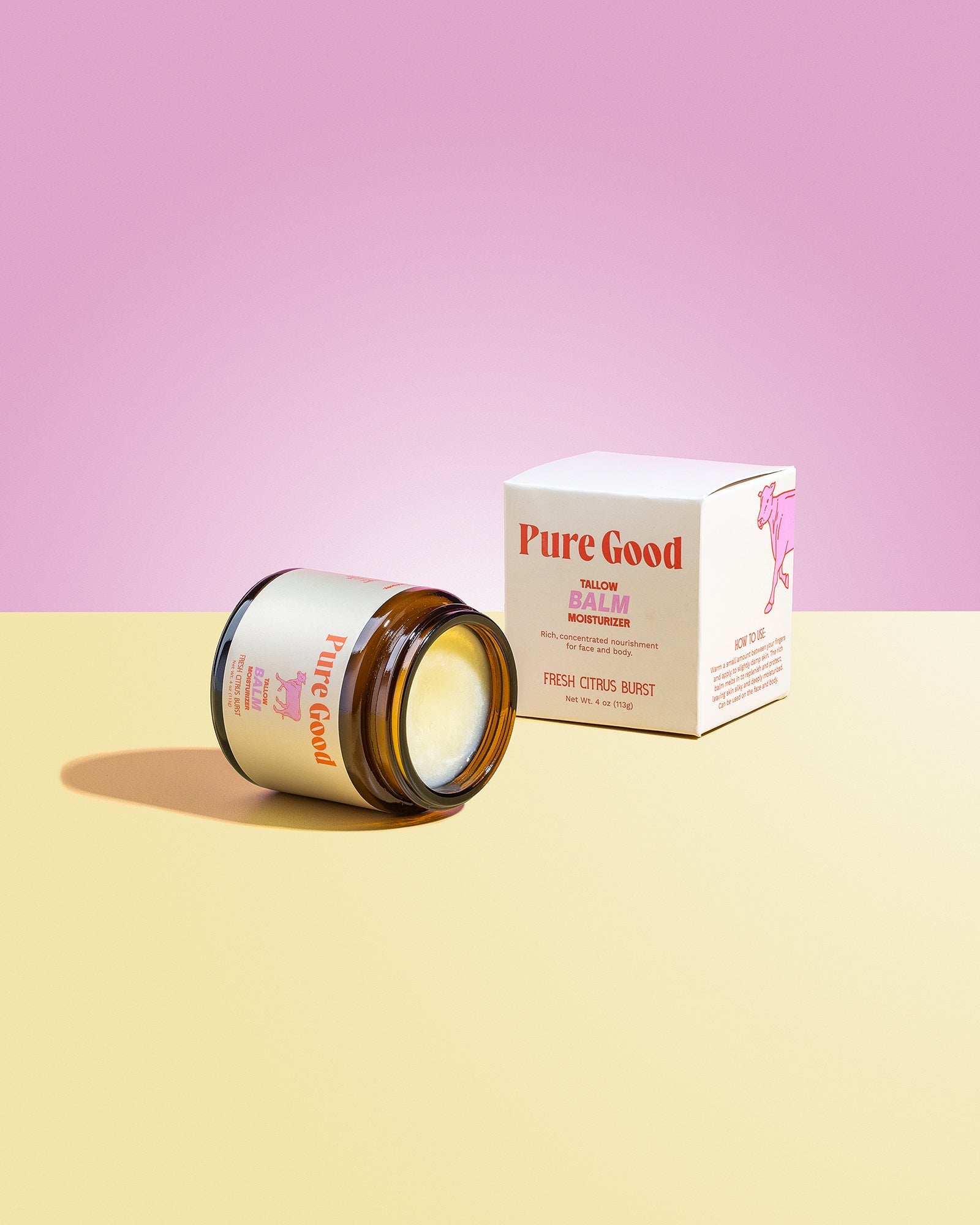 Whipped Citrus Burst Tallow Balm by Pure Good LLC, 4 oz jar, showing the creamy balm with fresh citrus slices for hydration and Vitamin C.