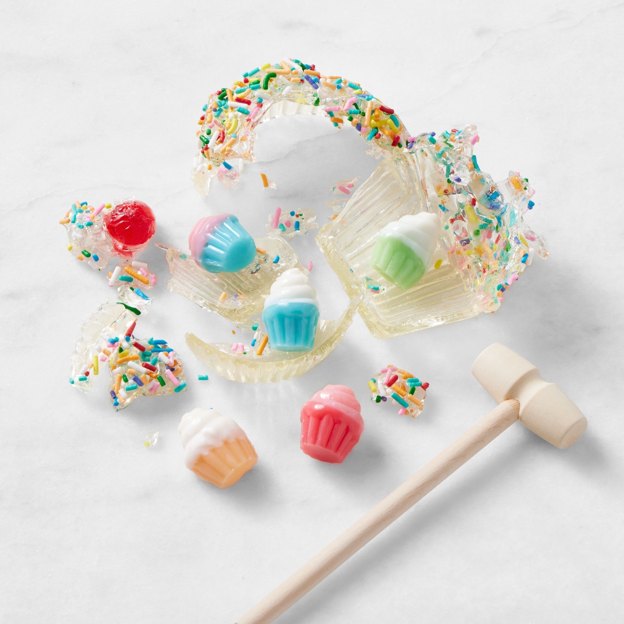 Hollow cupcake candy from Pure Sugar Candy filled with colorful cupcake gummies inside, realistic cupcake shape and bright colors.