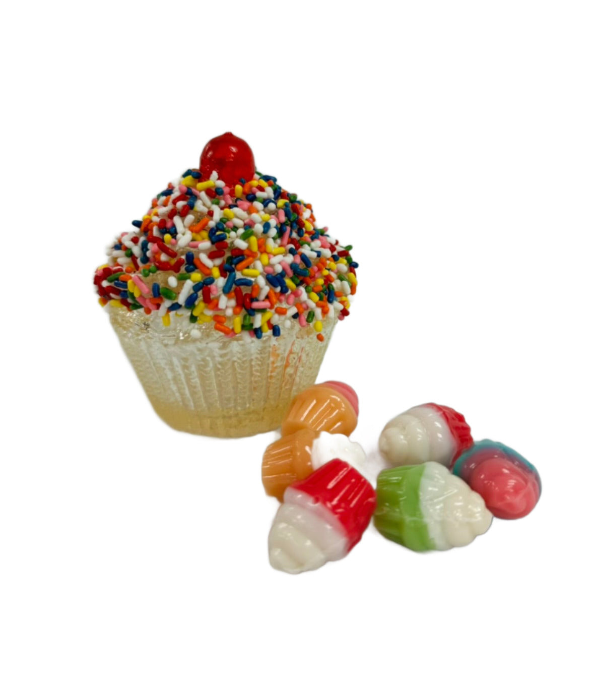 Hollow cupcake-shaped candy from Pure Sugar Candy filled with colorful cupcake gummies, detailed and appealing dessert treat