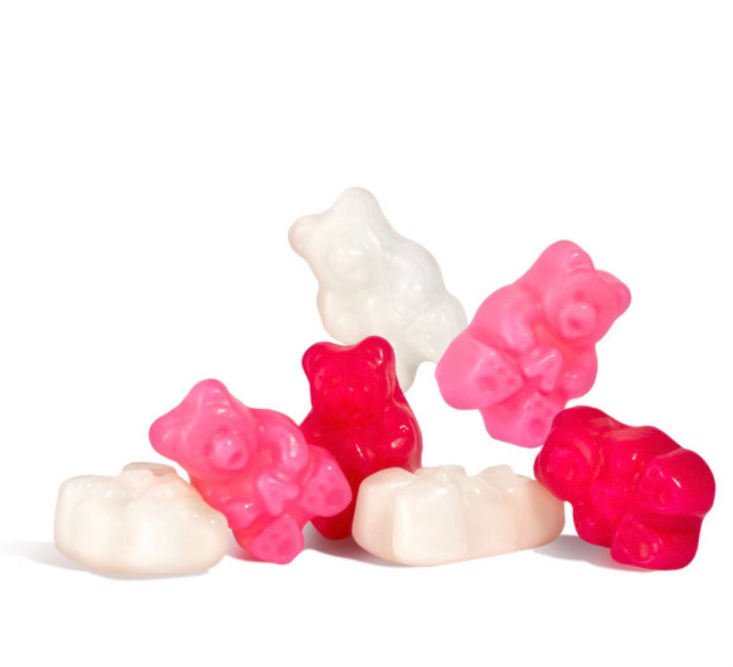 Pink and white love bear gummies from Pure Sugar Candy in a playful, colorful arrangement featuring cute bear-shaped candies.