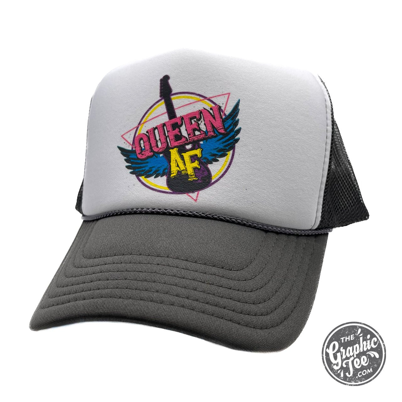 Queen AF Foam Trucker Hat by The Graphic Tee featuring a structured cap with foam front panel and adjustable snapback.