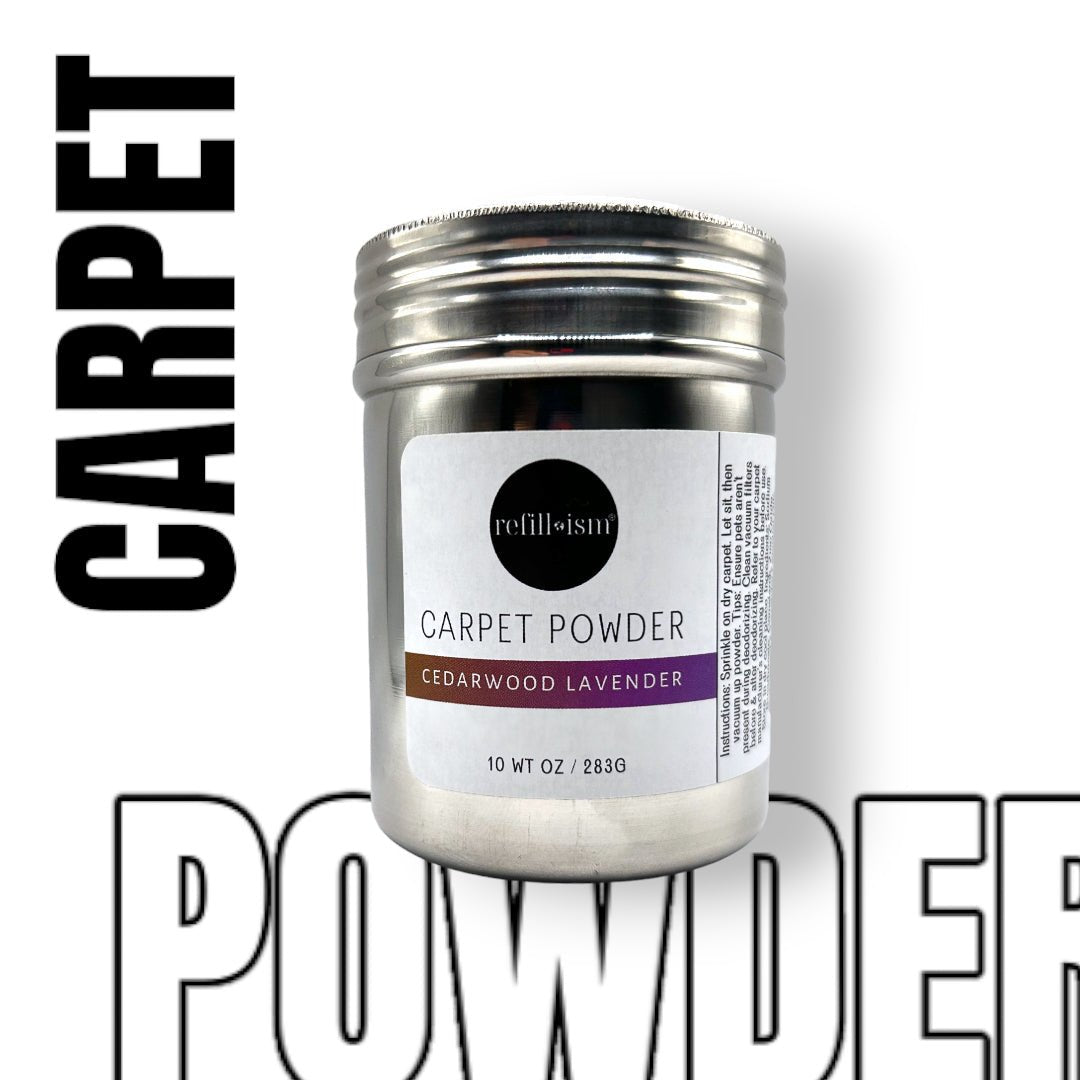Refillism cedarwood lavender carpet powder in a 10 oz container, natural odor neutralizer for home and cleaning use.