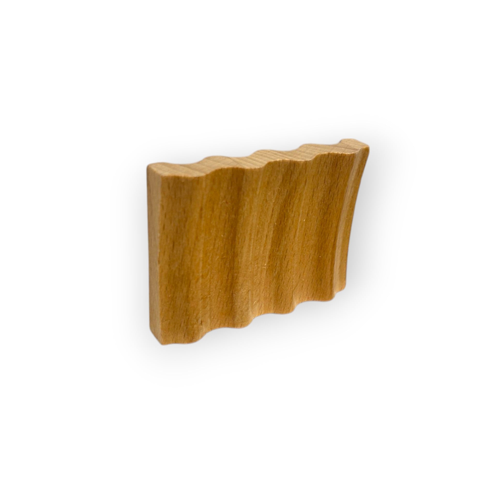 Wavy wooden soap dish by Refillism, designed for home and cleaning, with a natural wood finish and a wavy shape for soap placement.