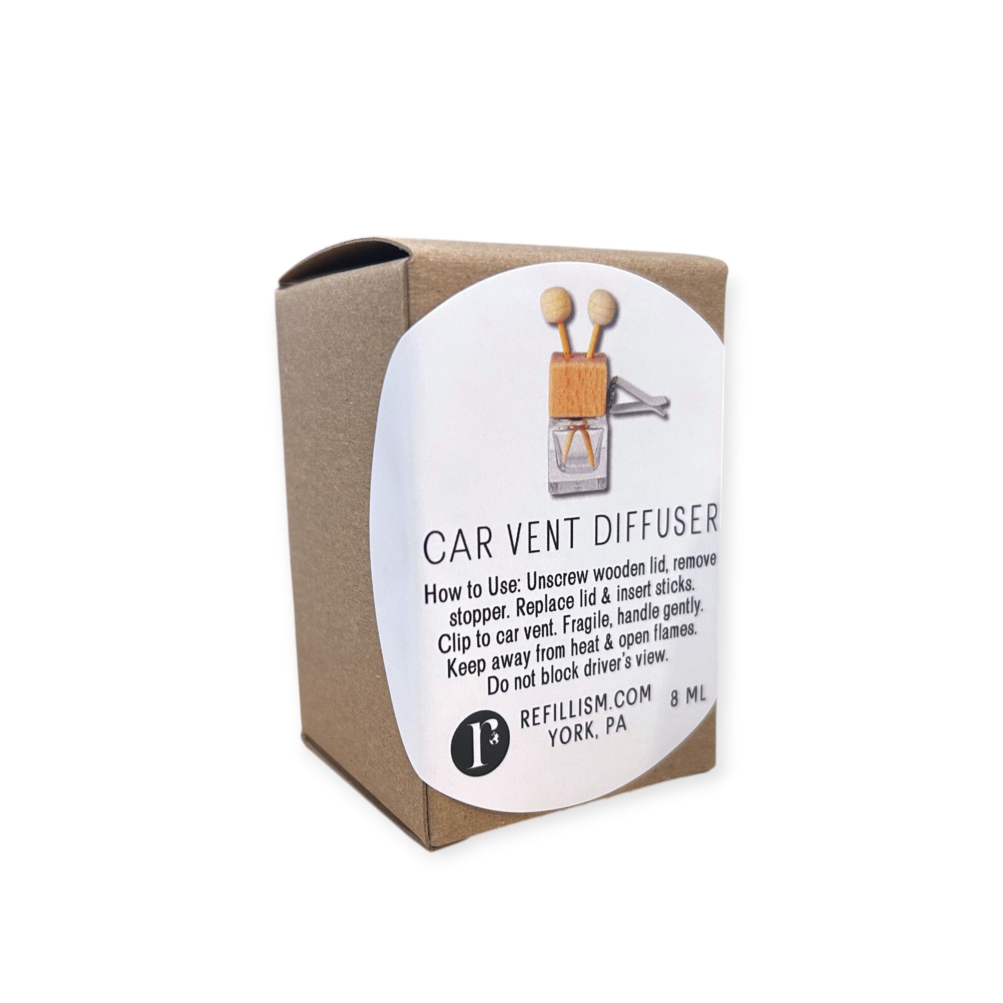 Refillism vanilla juniper car vent diffuser, refillable air freshener attaching to vehicle air vents, eco-friendly and stylish design.