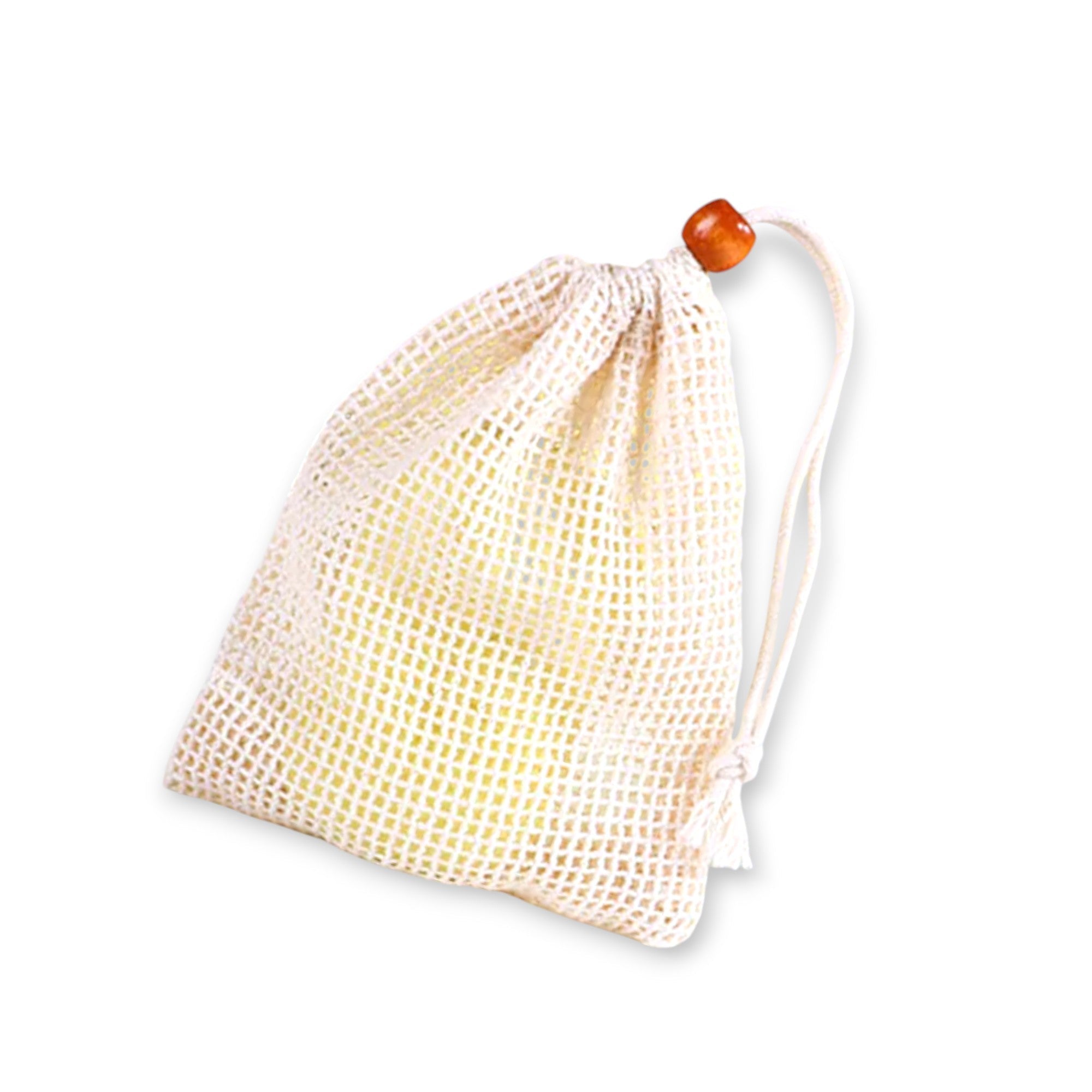 Cotton soap saver bag from Refillism for personal care, showing a soft, white cotton bag with drawstring closure.