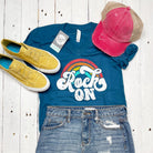Deep teal short sleeve V-neck graphic tee by The Graphic Tee featuring a rock-on design on the front.