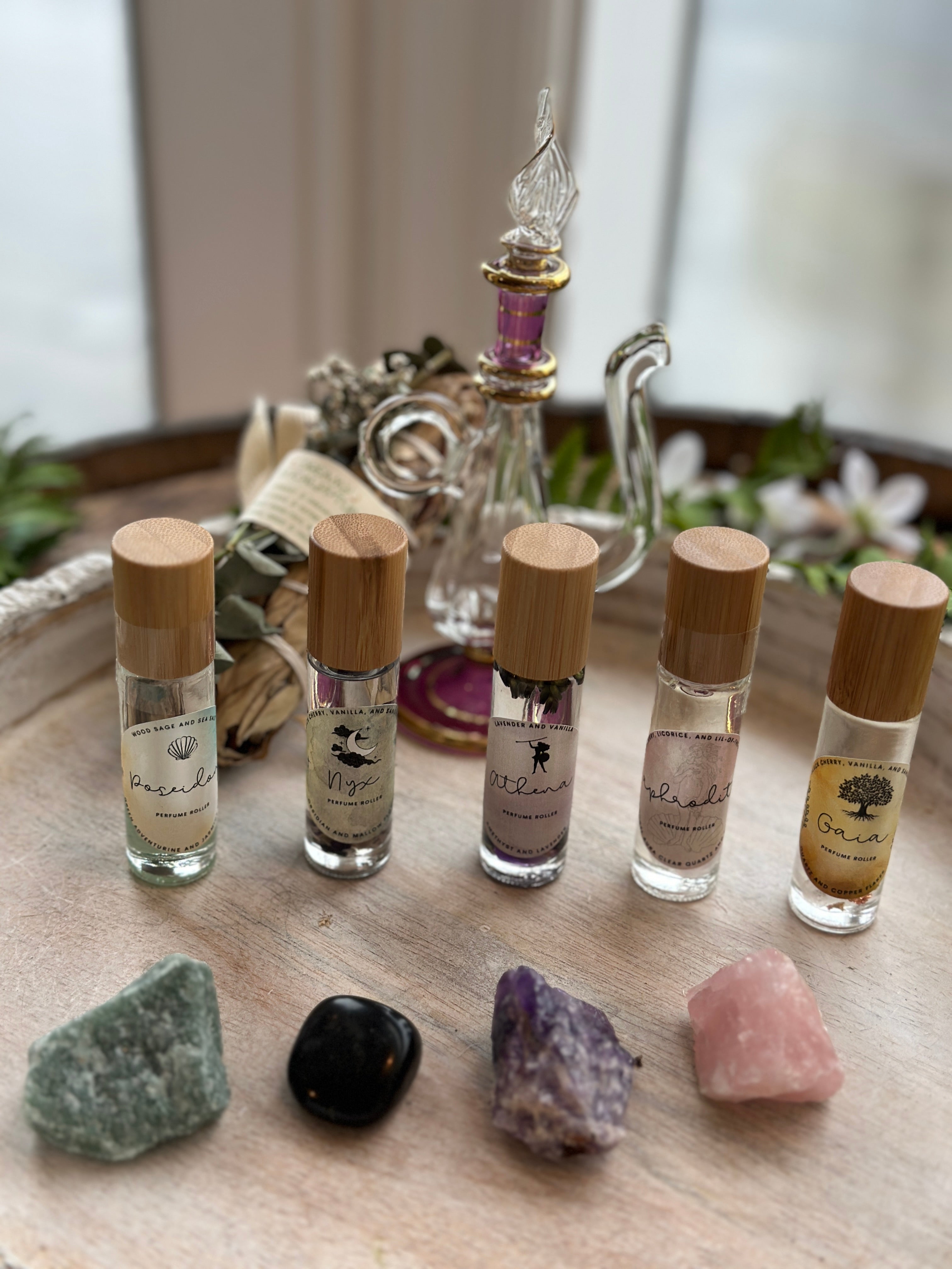 Sage & Stone Apothecary Goddess Perfume Roller in a sleek glass bottle with a rollerball applicator, designed for body fragrance.