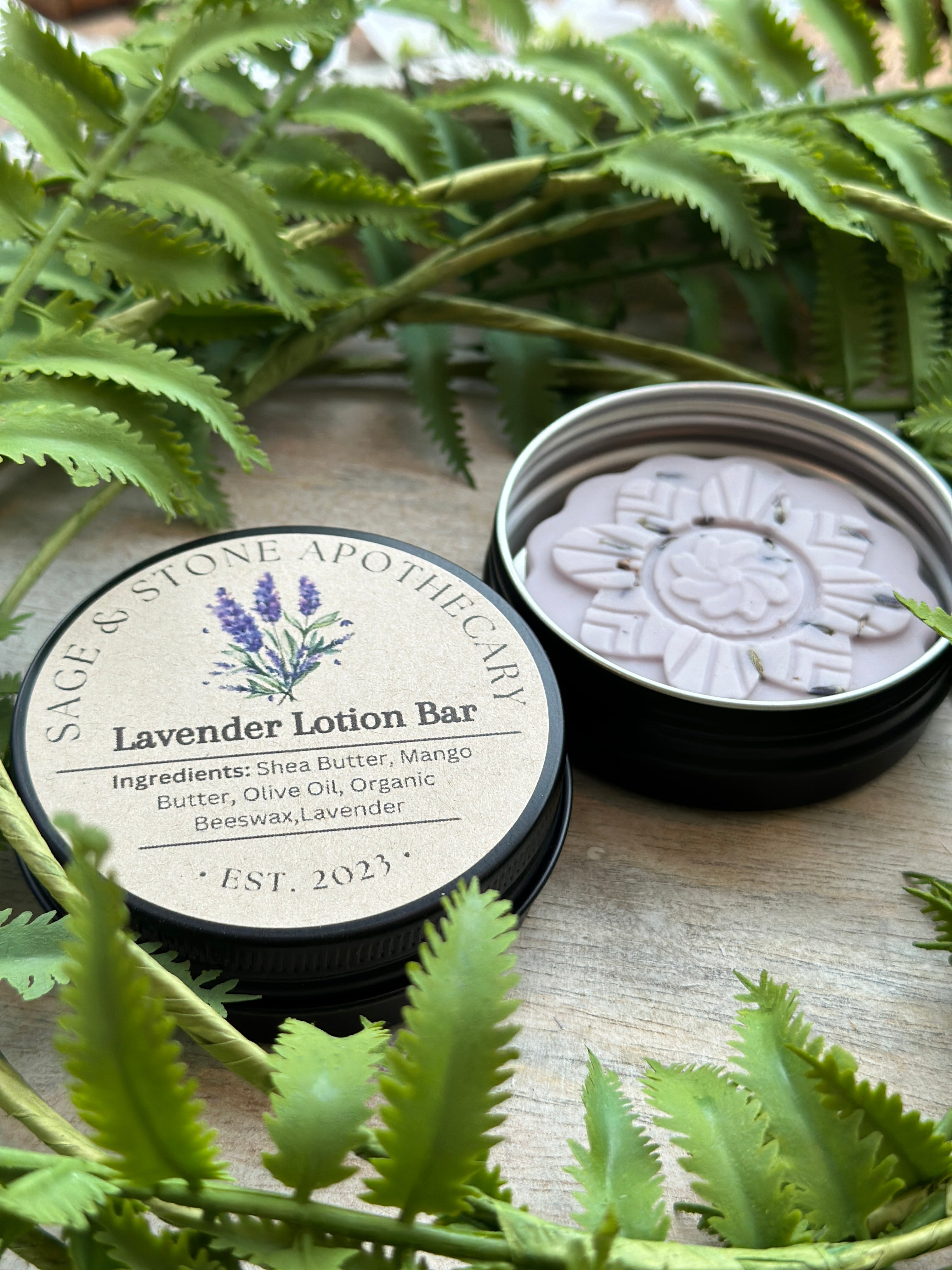 Lavender lotion bar by Sage & Stone Apothecary, a natural body care product with a smooth lavender-scented balm.
