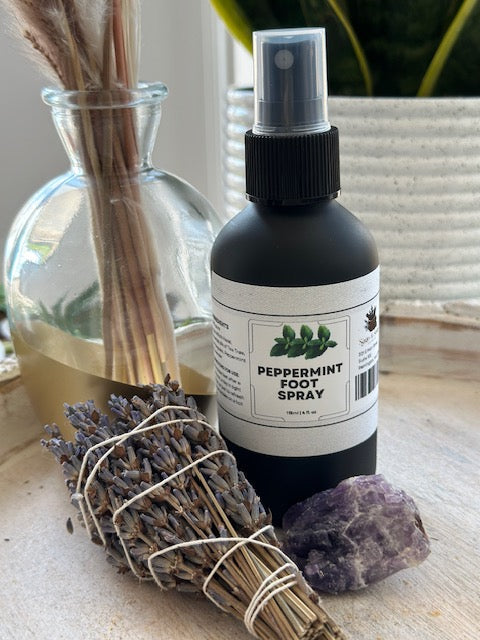 Sage & Stone Apothecary peppermint foot spray bottle, natural body care product for refreshing and cooling feet.