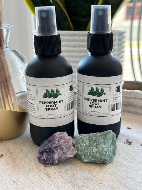 Sage & Stone Apothecary peppermint foot spray bottle, fresh body care product with peppermint scent for revitalizing feet.