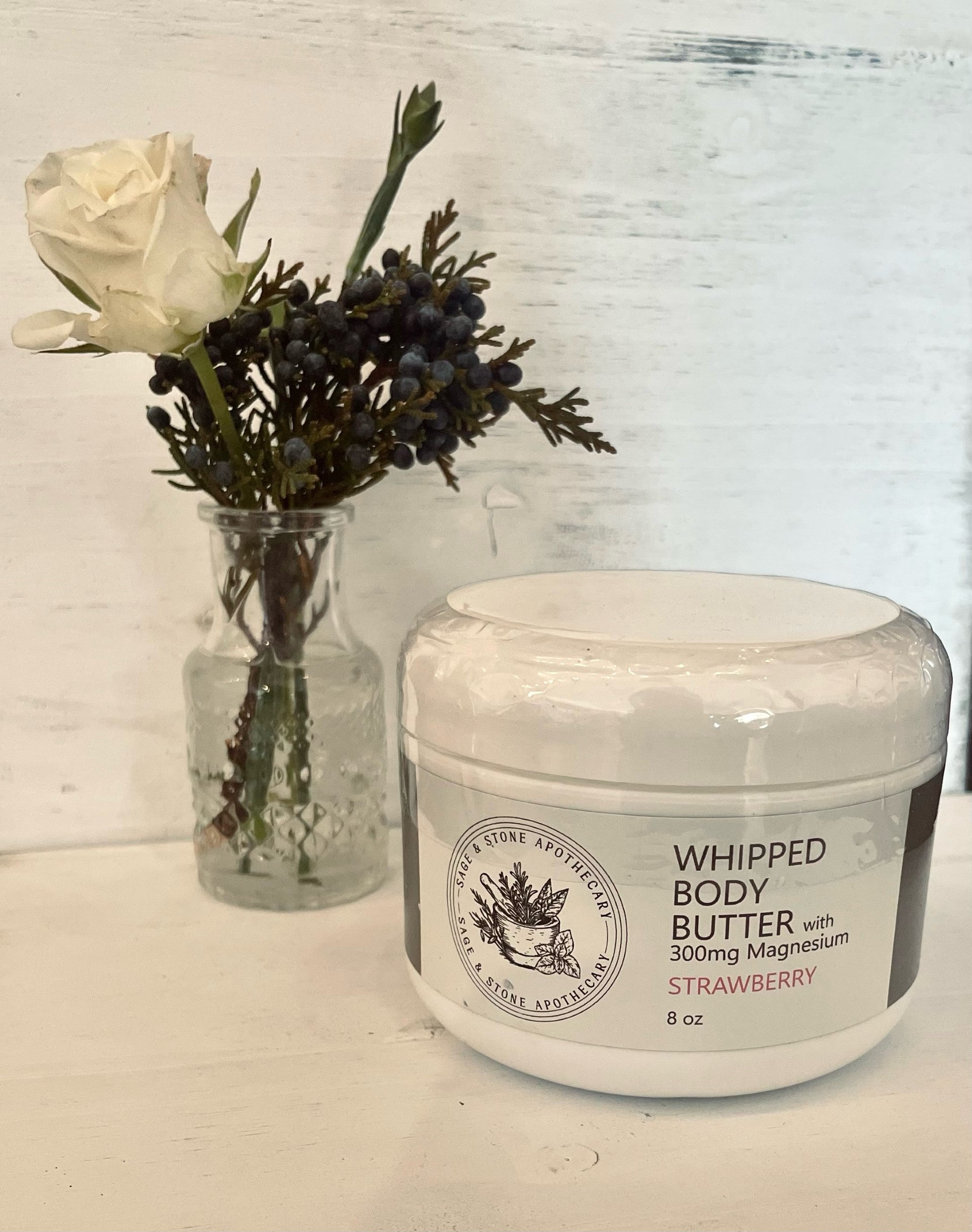 Sage & Stone Apothecary magnesium body butter in a jar, creamy texture for nourishing skin and promoting relaxation.