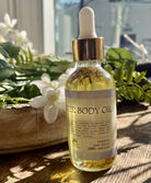 Sage & Stone Apothecary lavender body oil bottle with dropper, natural and calming body care product for wellness.