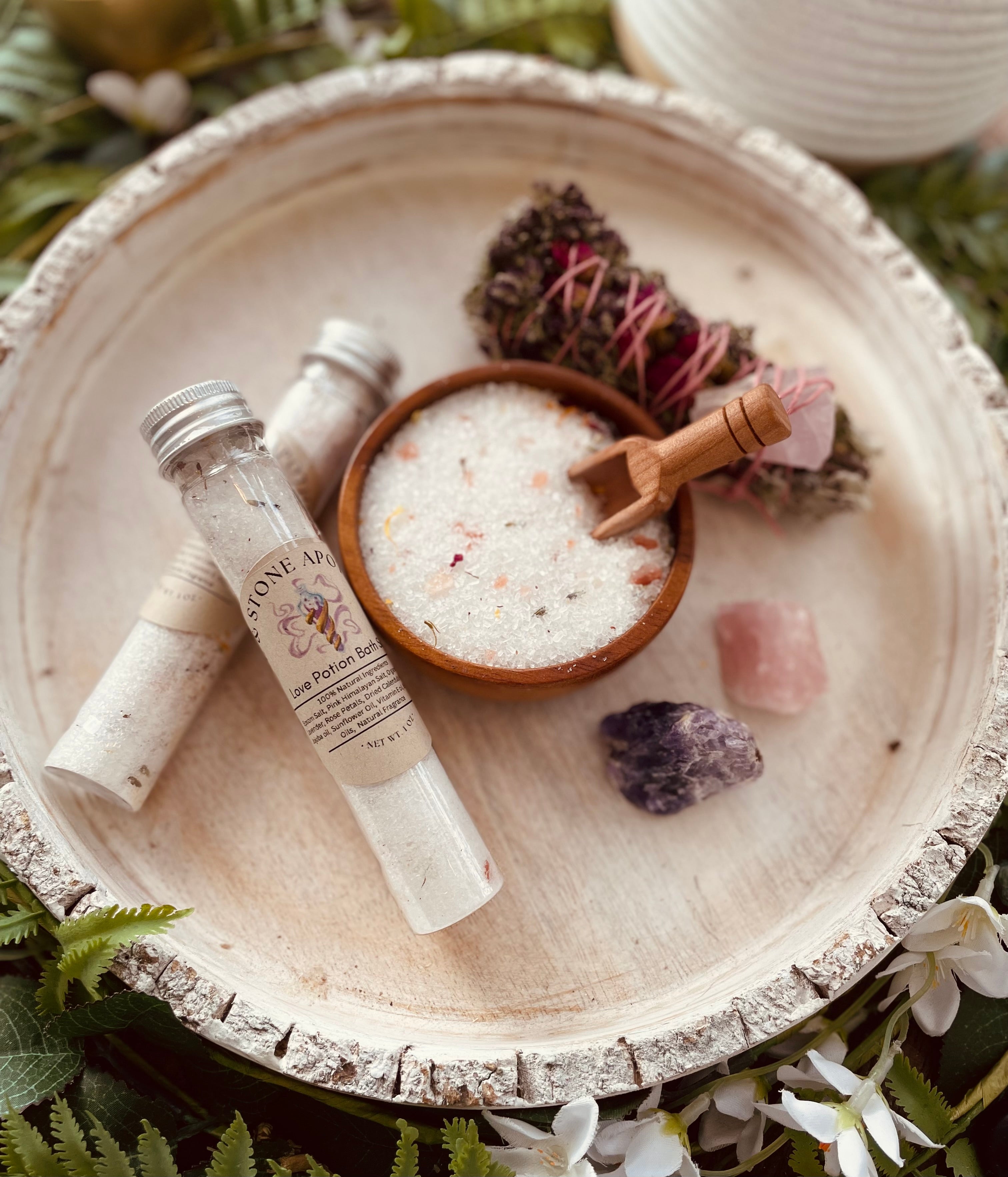 Sage & Stone Apothecary Love Potion herbal bath salt tube for body care and wellness, featuring a colorful, herbal-infused bath salt package.